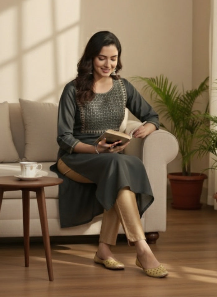 Grey Embroidered Silk Straight Kurta