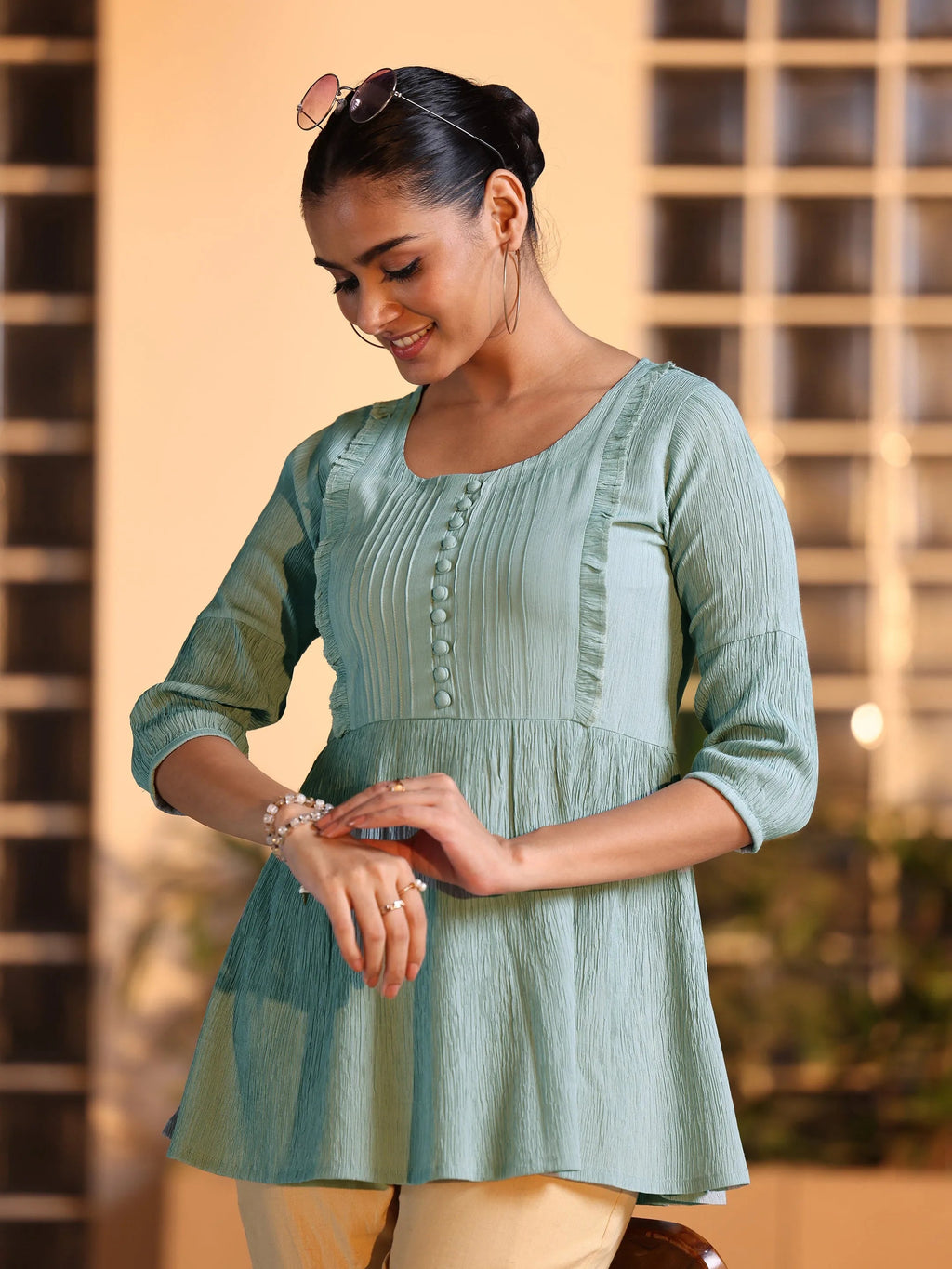 Grey Solid Cotton Blend A-line Kurti