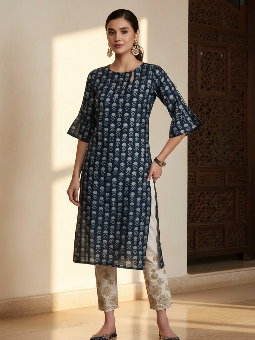Blue Printed Silk Straight Kurta