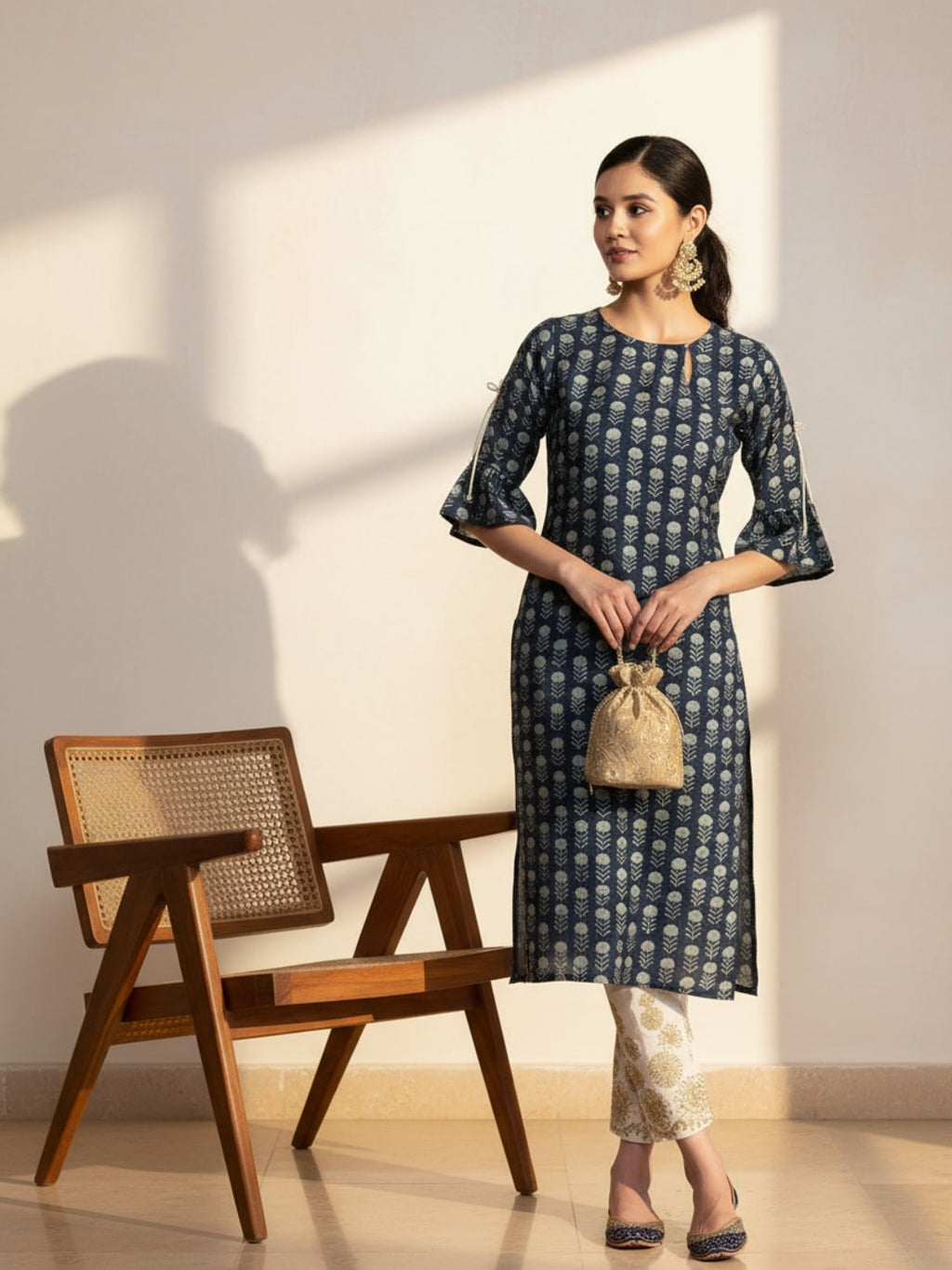Blue Printed Silk Straight Kurta