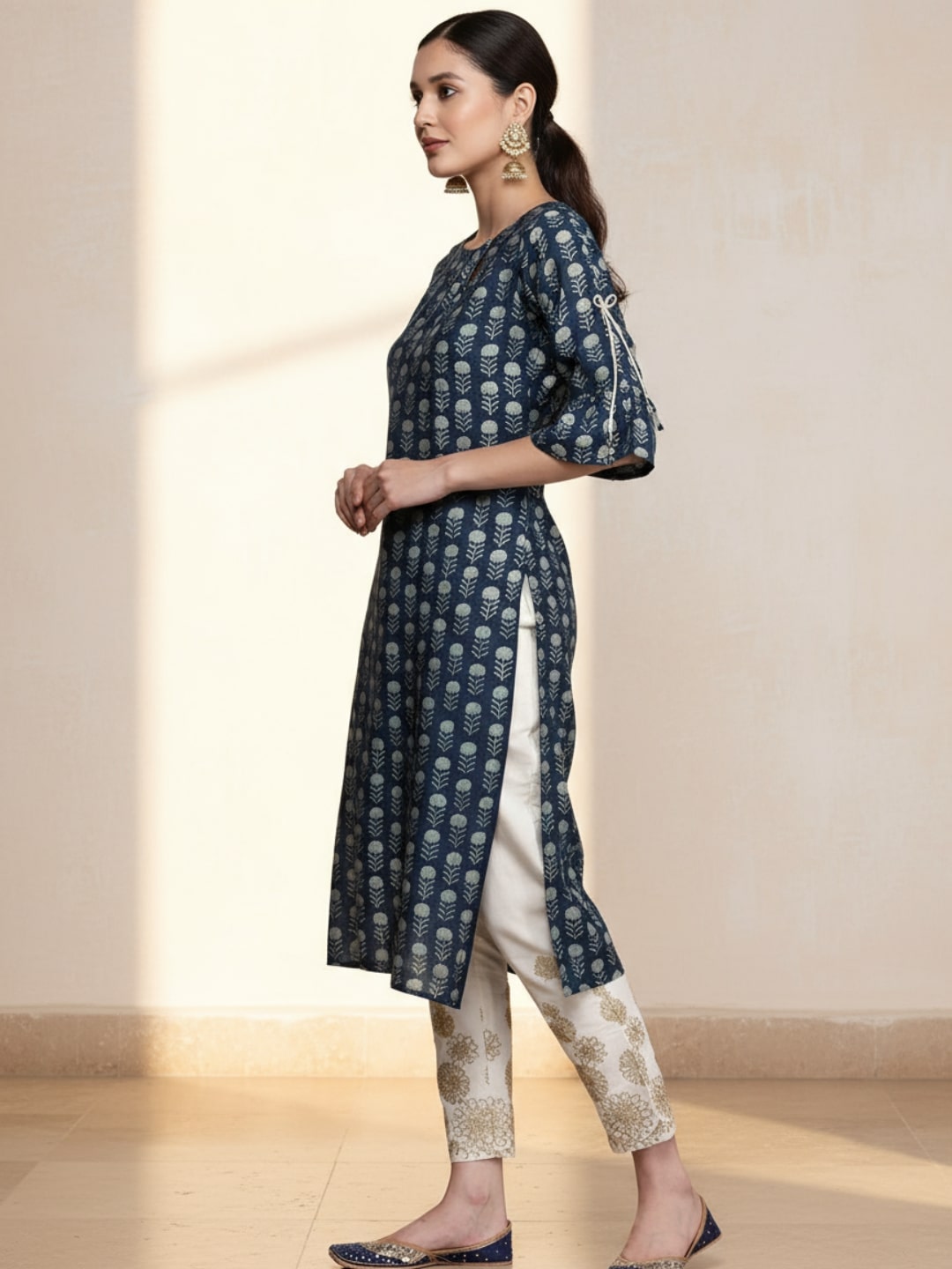 Blue Printed Silk Straight Kurta