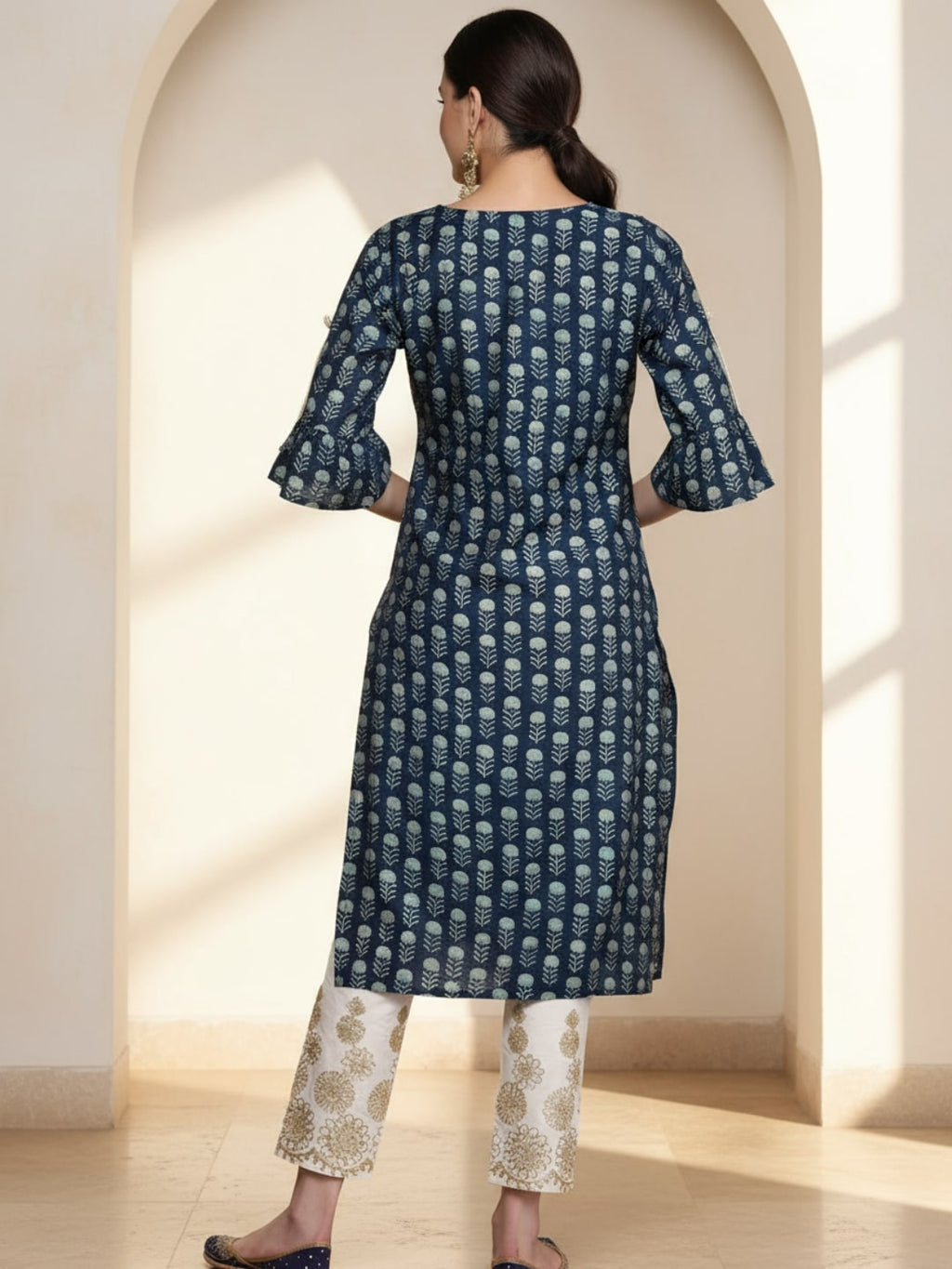 Blue Printed Silk Straight Kurta