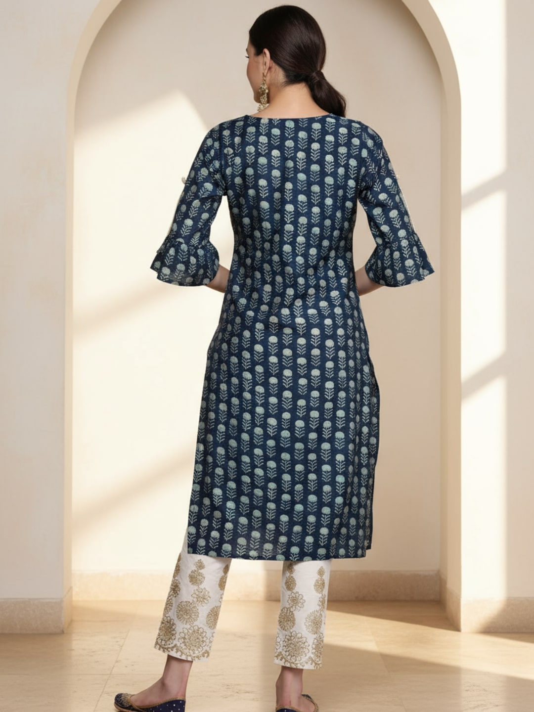 Blue Printed Silk Straight Kurta