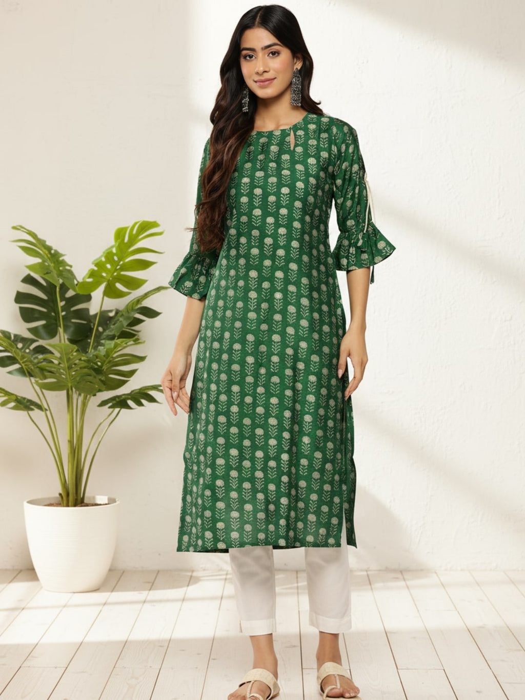 Green Printed Silk Straight Kurta