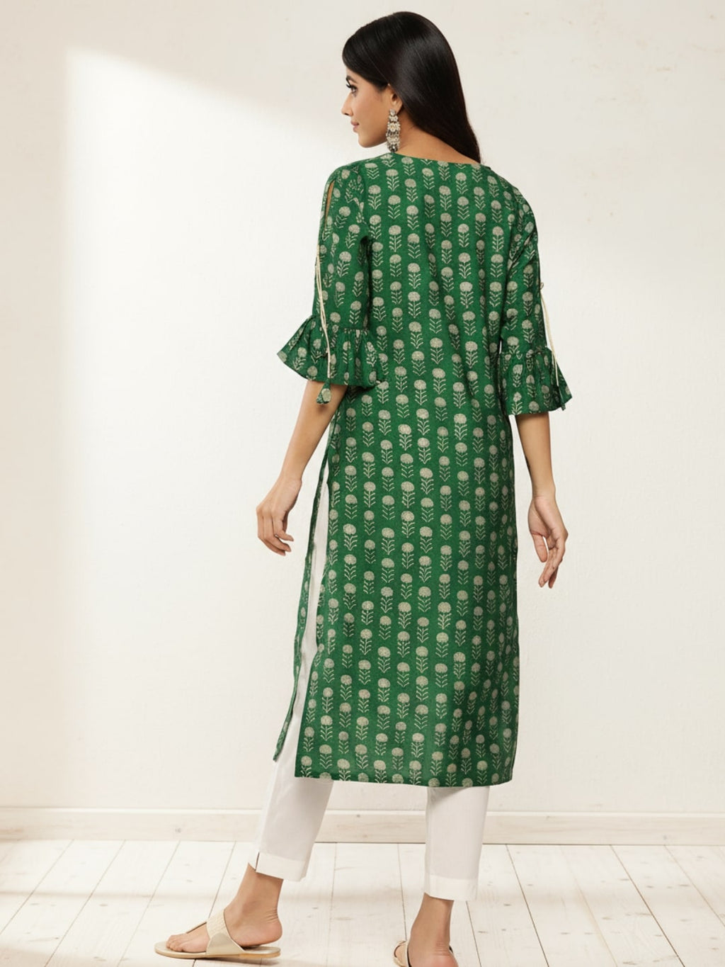 Green Printed Silk Straight Kurta