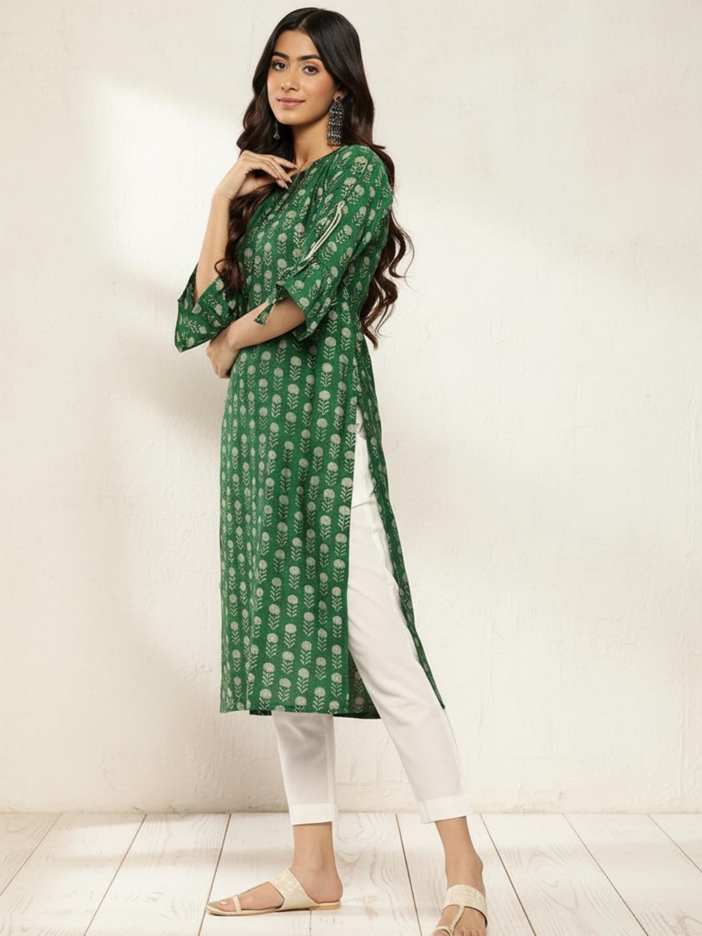 Green Printed Silk Straight Kurta