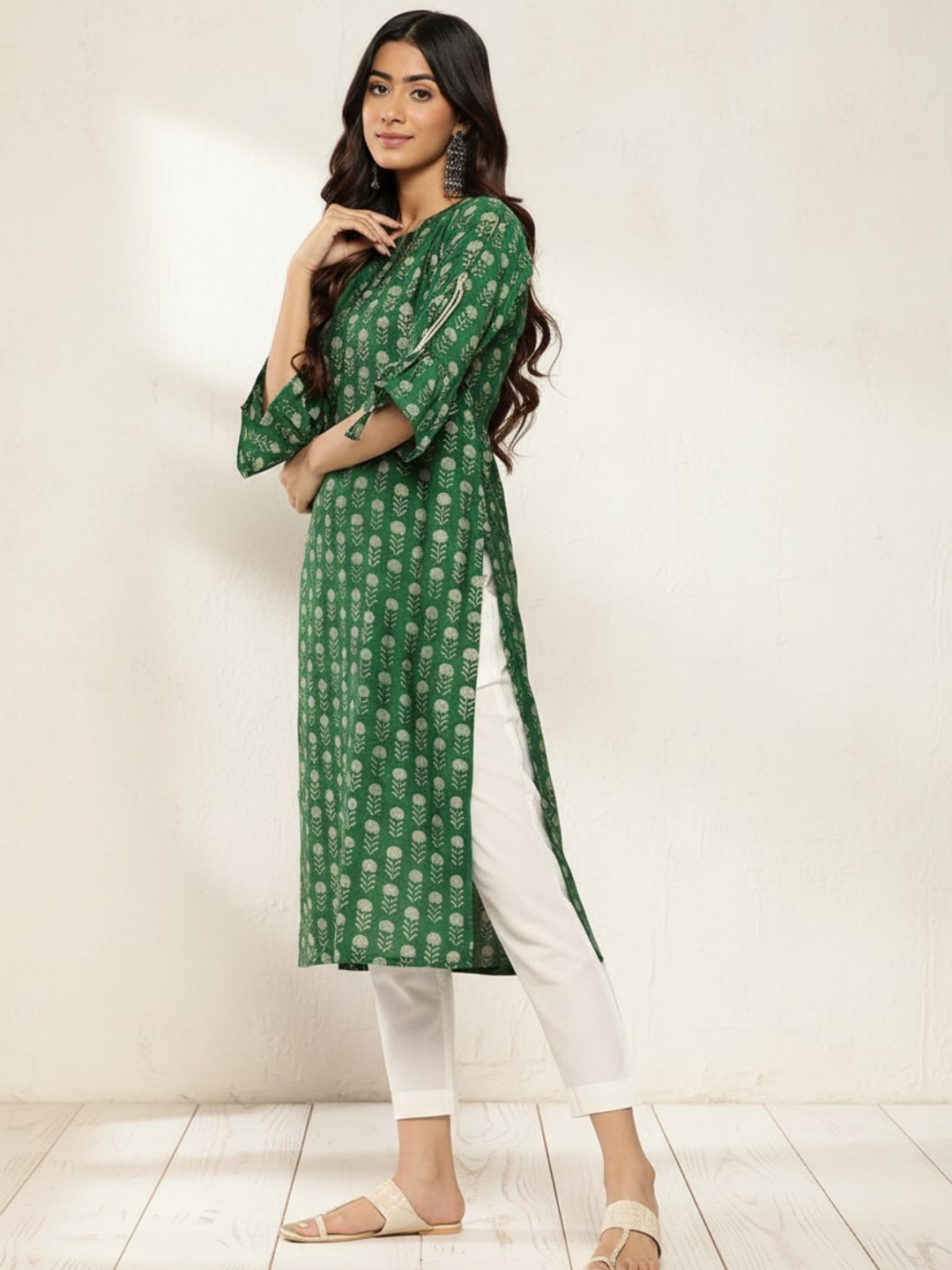Green Printed Silk Straight Kurta