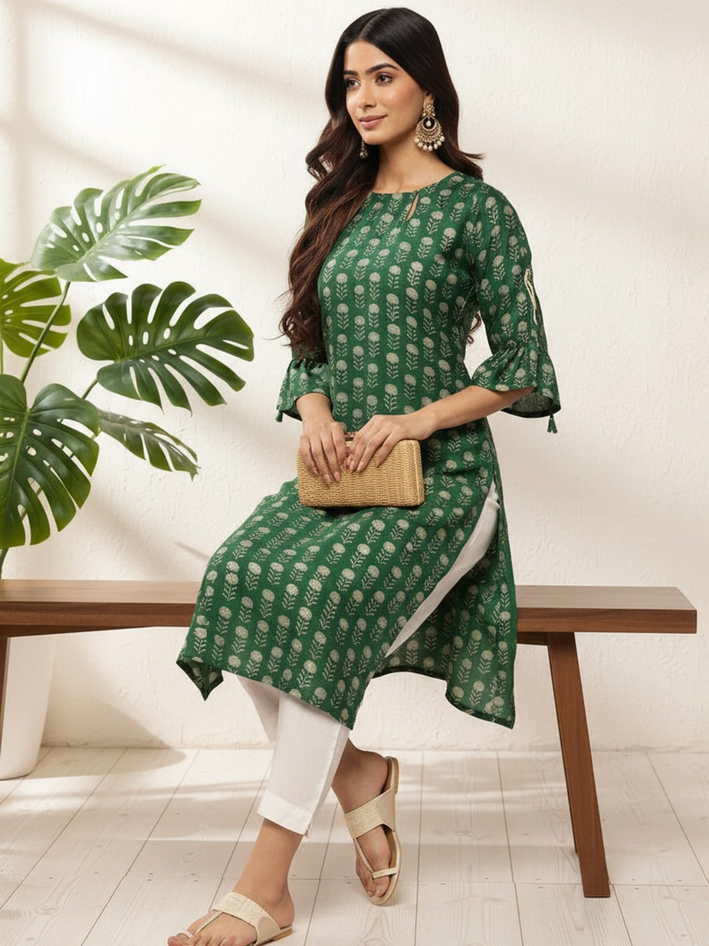 Green Printed Silk Straight Kurta