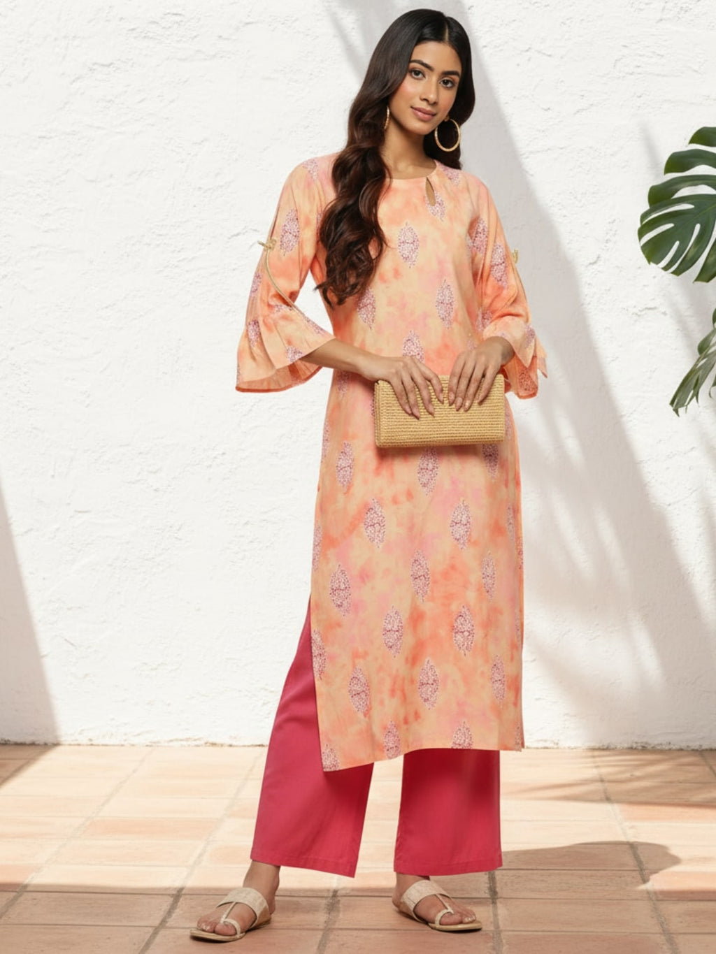 Peach Printed Silk Straight Kurta