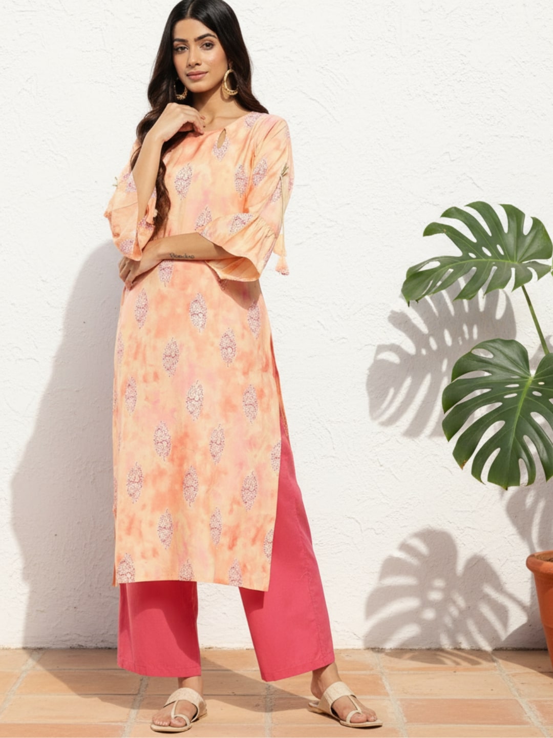 Peach Printed Silk Straight Kurta