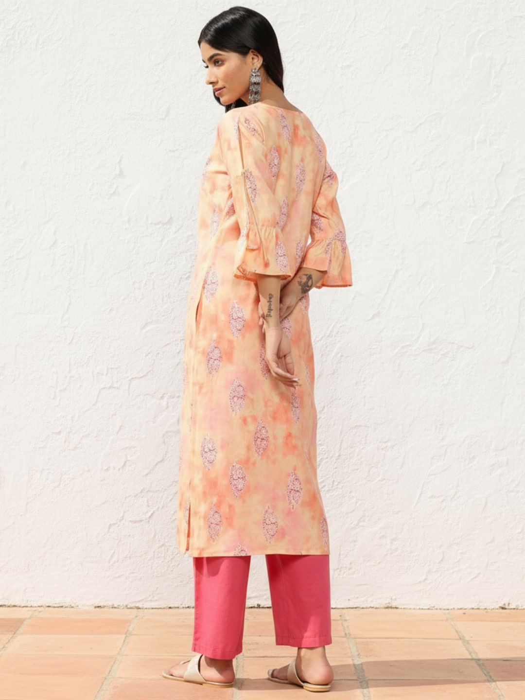 Peach Printed Silk Straight Kurta