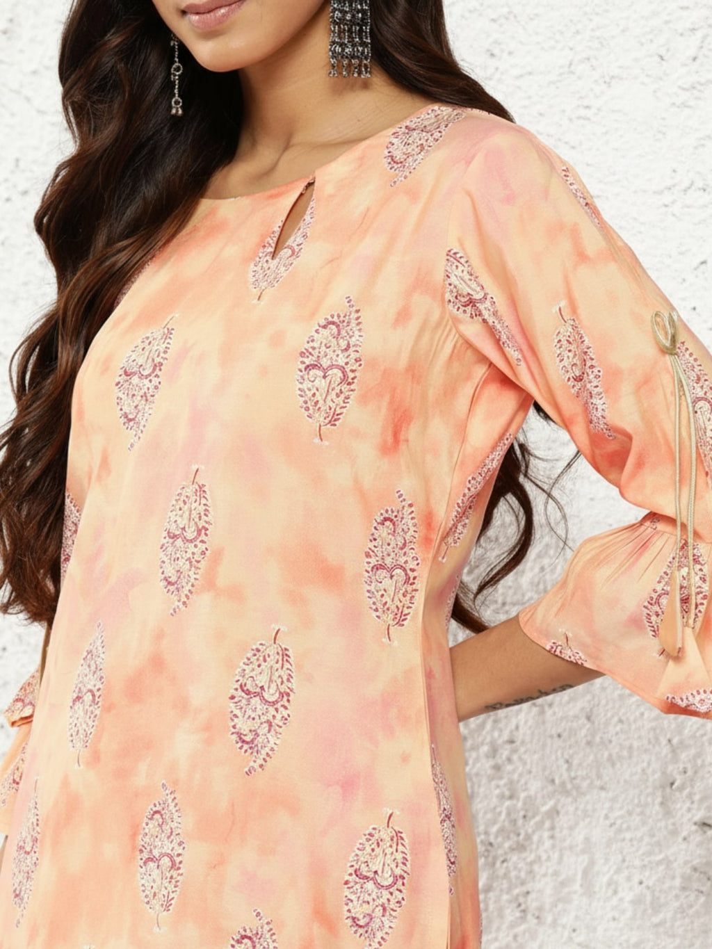 Peach Printed Silk Straight Kurta