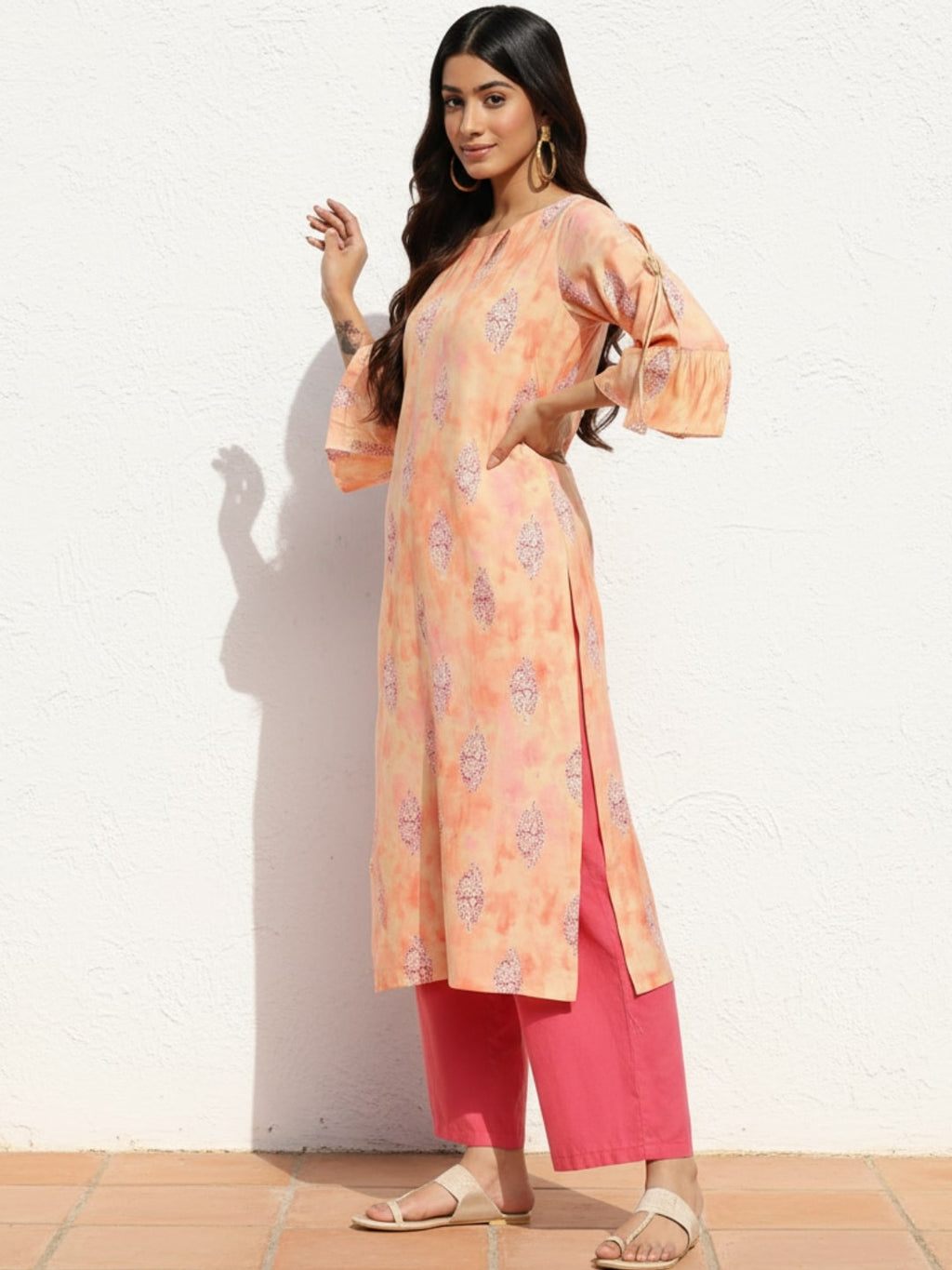 Peach Printed Silk Straight Kurta