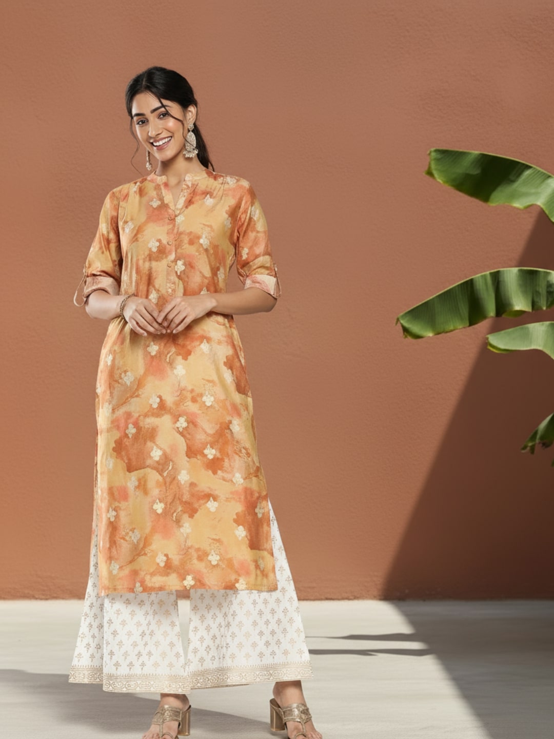 Brown Printed Silk Straight Kurta