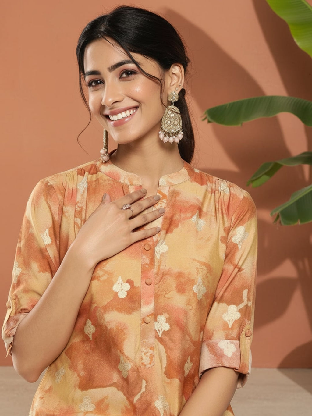 Brown Printed Silk Straight Kurta