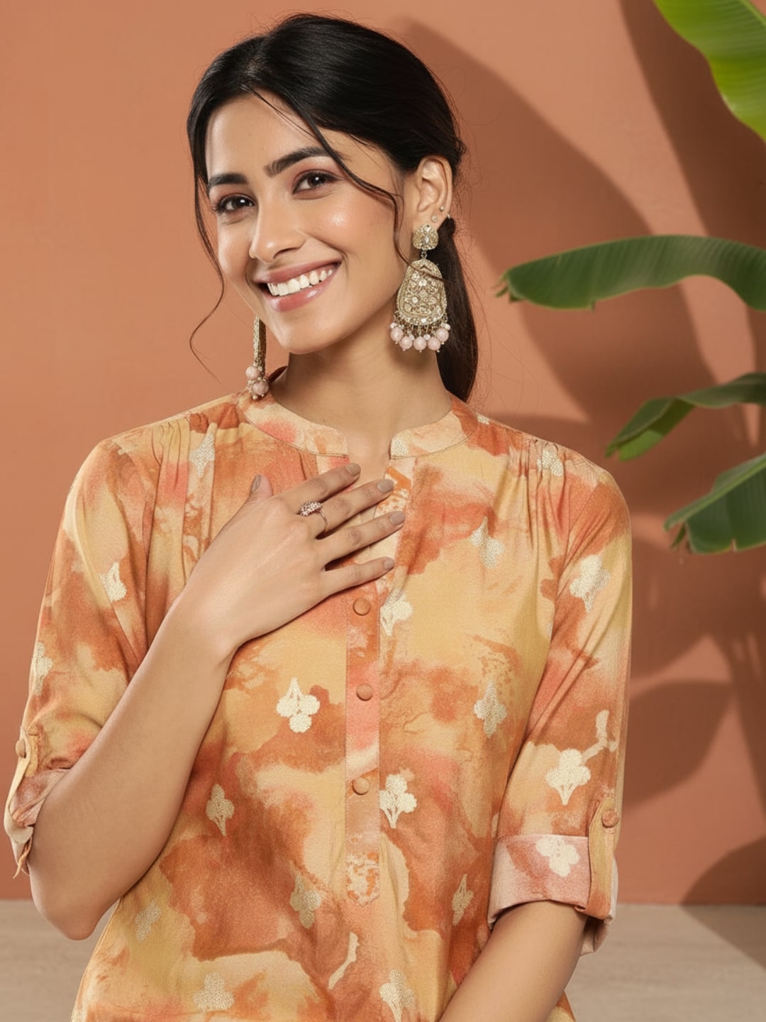 Brown Printed Silk Straight Kurta