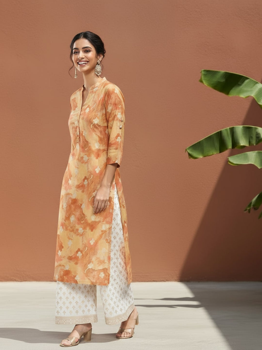 Brown Printed Silk Straight Kurta