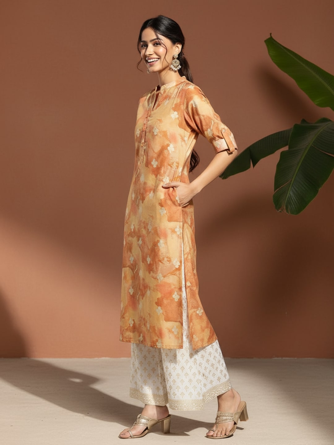 Brown Printed Silk Straight Kurta