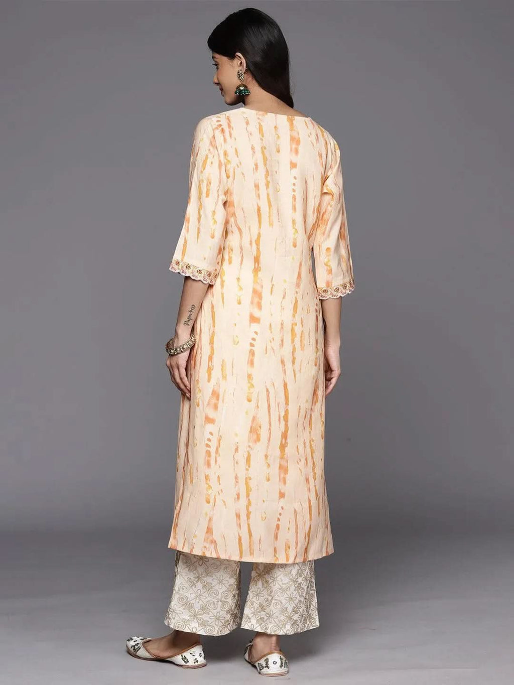 Orange Printed Silk Straight Kurta - Libas