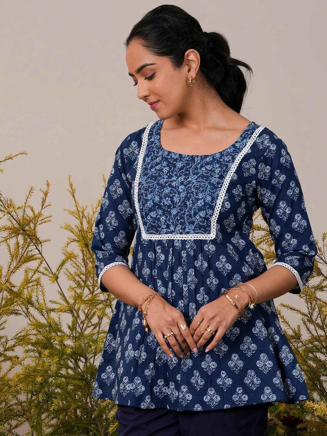 Indigo Printed Cotton A-Line Kurti - Libas