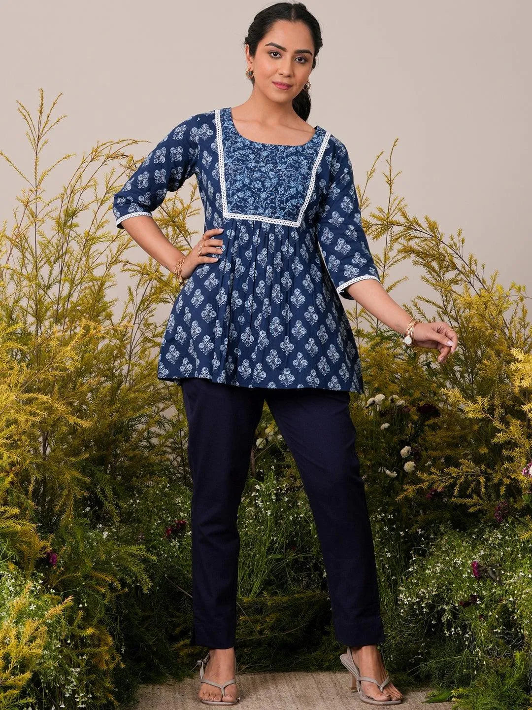 Indigo Printed Cotton A-Line Kurti - Libas