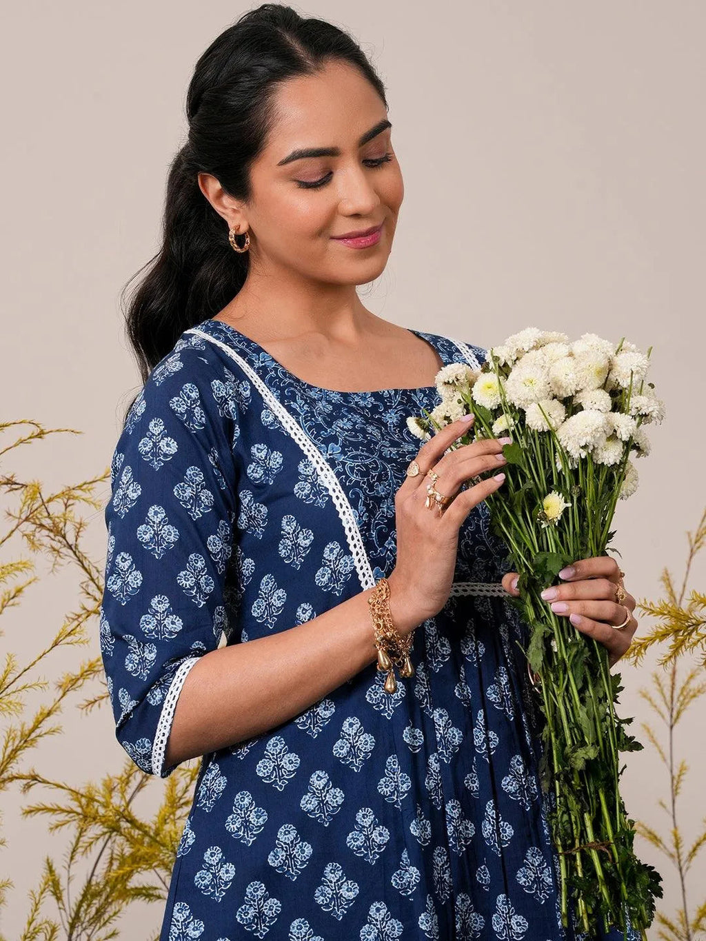 Indigo Printed Cotton A-Line Kurti - Libas