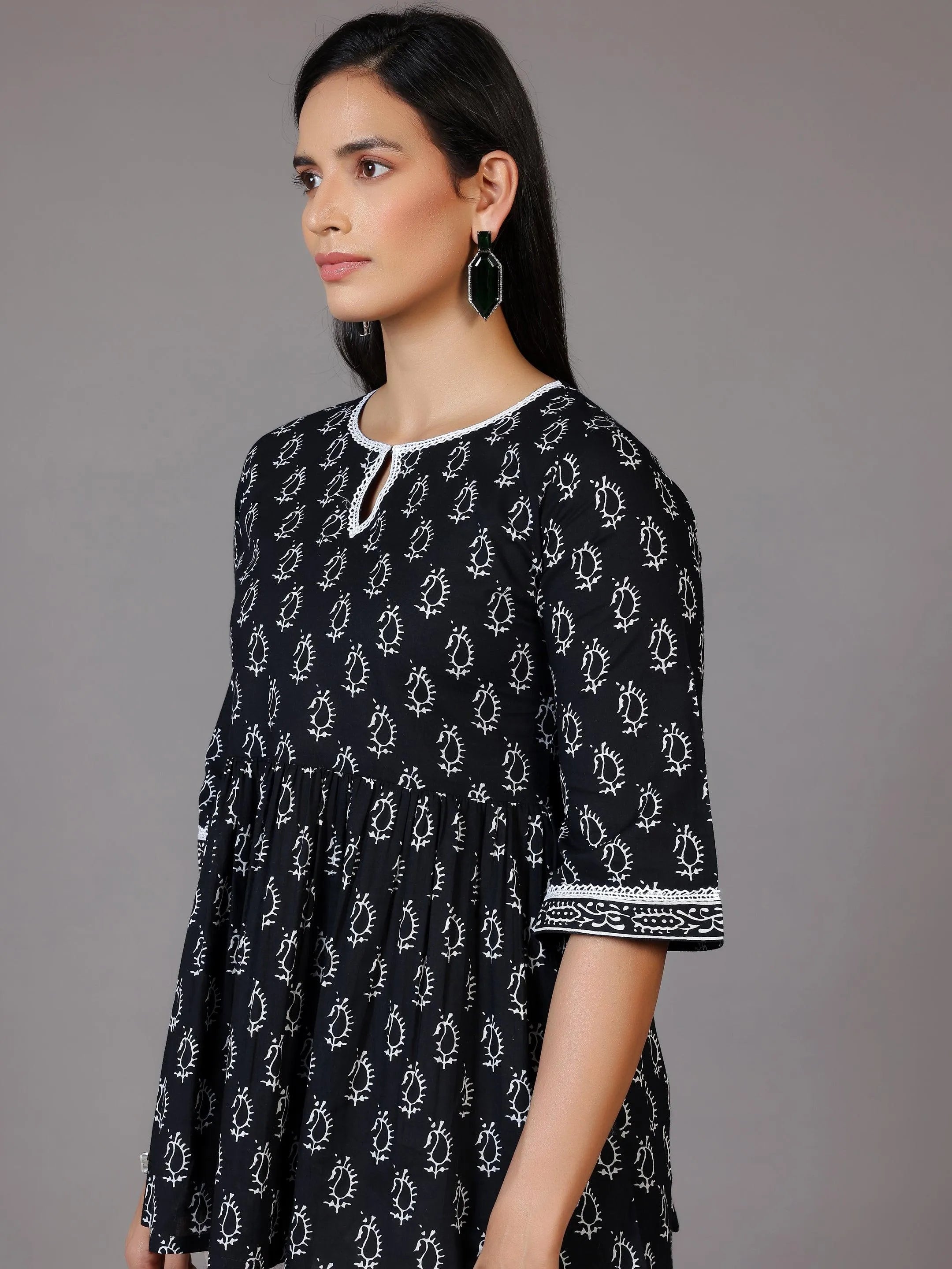 Black Printed Cotton A-Line Kurti - Libas