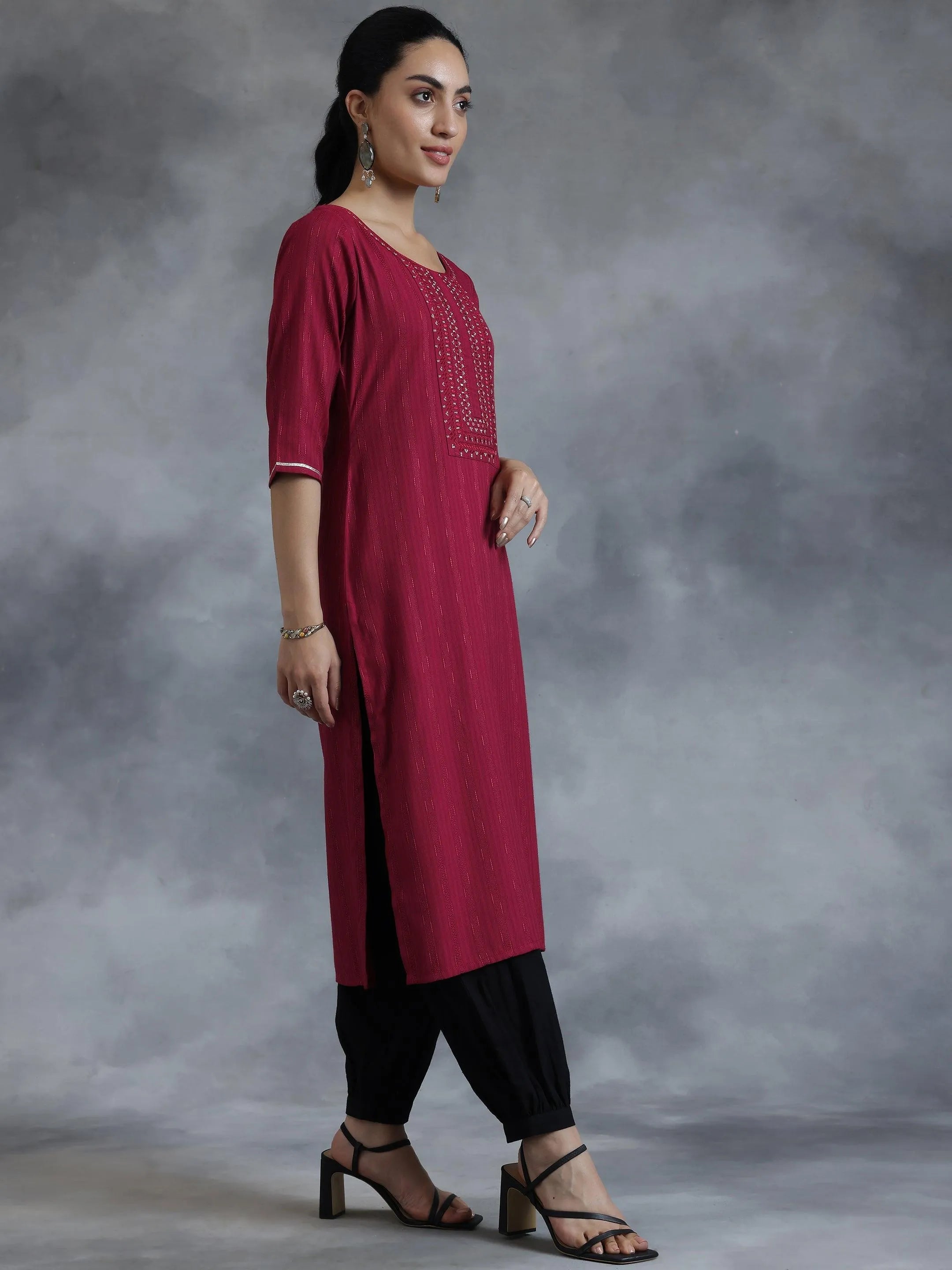 Maroon Yoke Design Rayon Straight Kurta - Libas