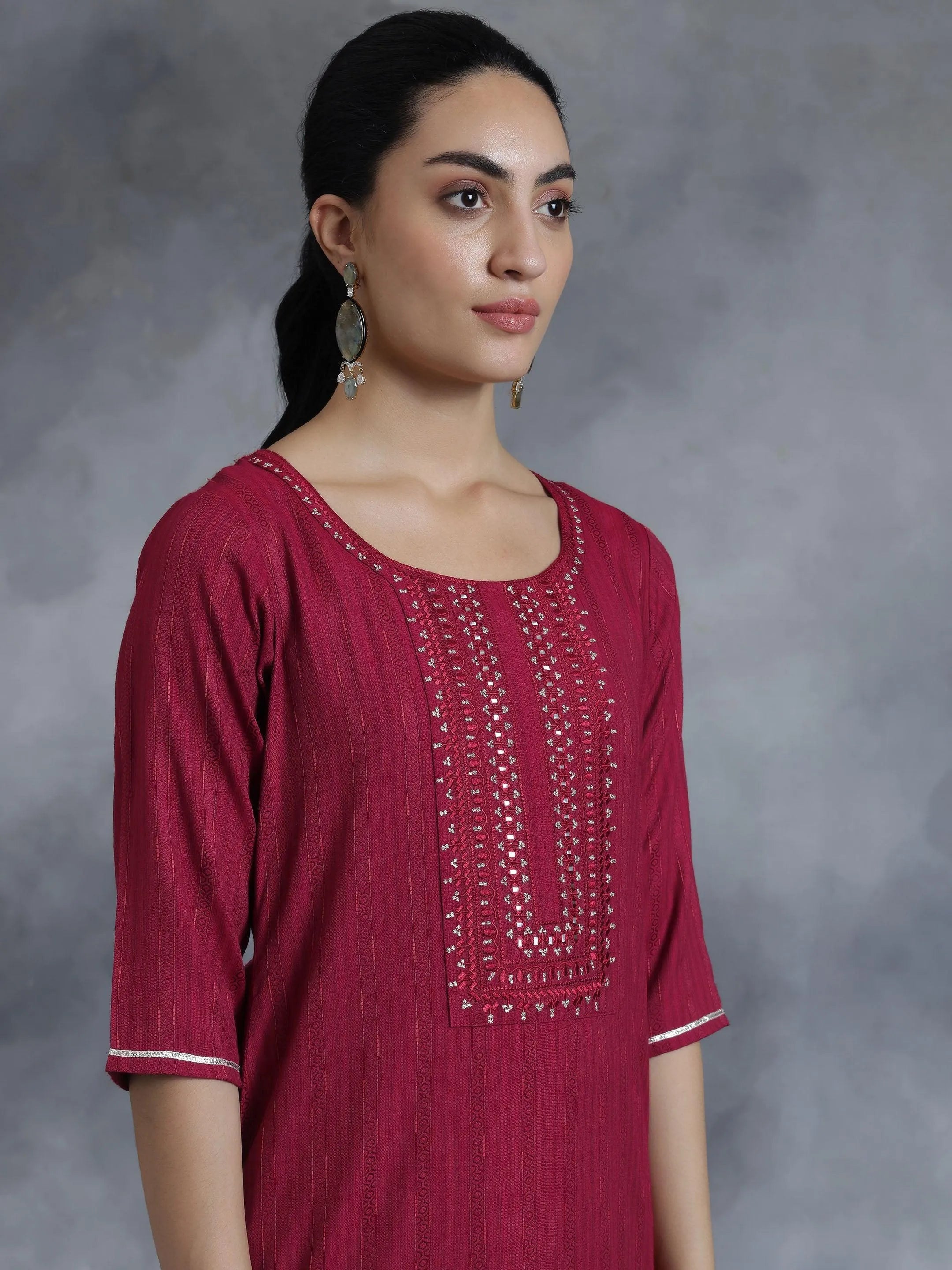 Maroon Yoke Design Rayon Straight Kurta - Libas