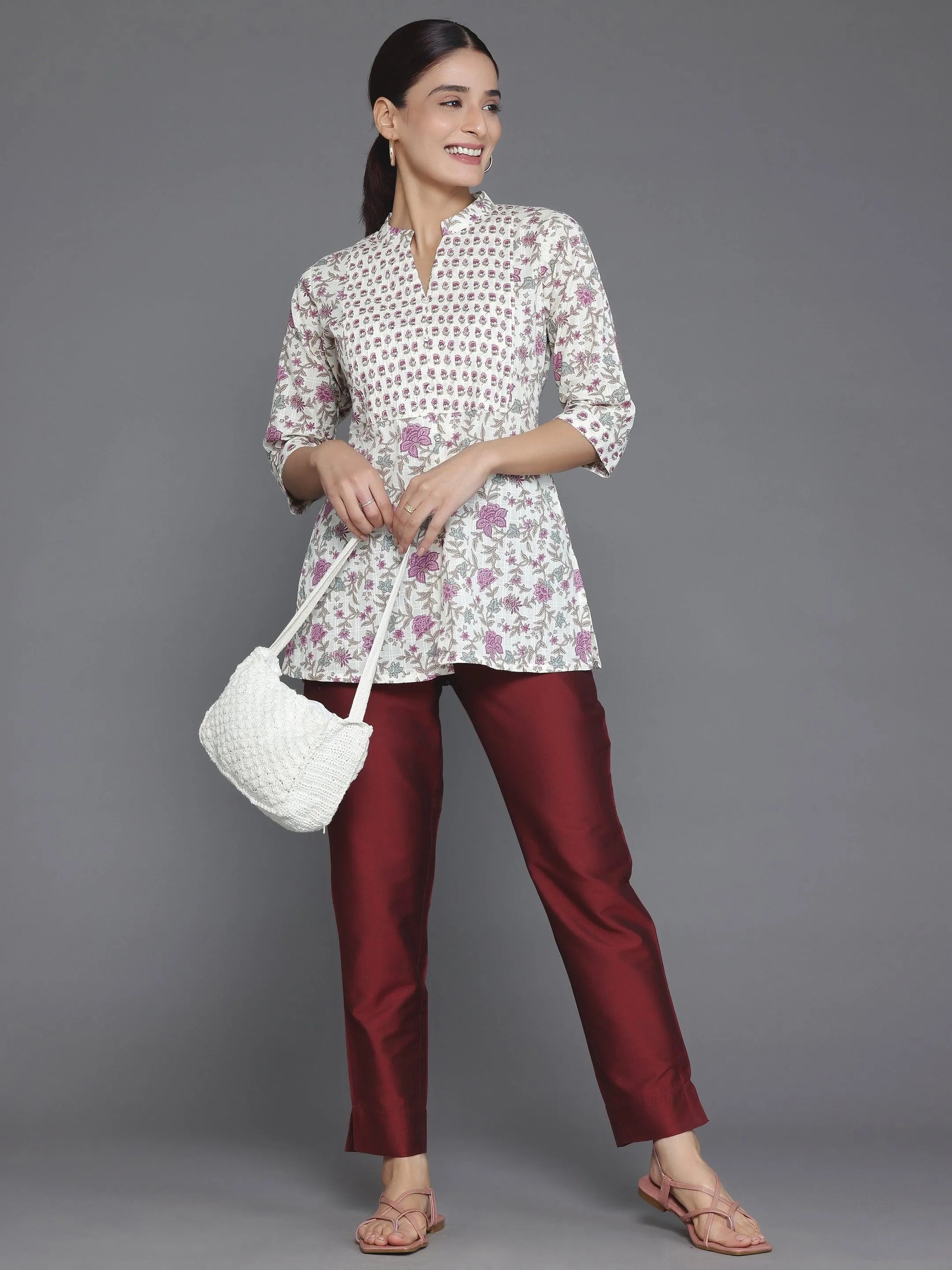 Off White Printed Cotton Blend Straight Kurti - Libas