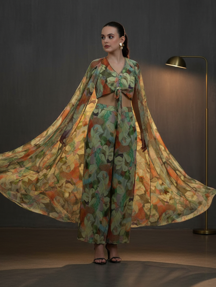 Green Printed Polyester 3 Piece Co-Ords