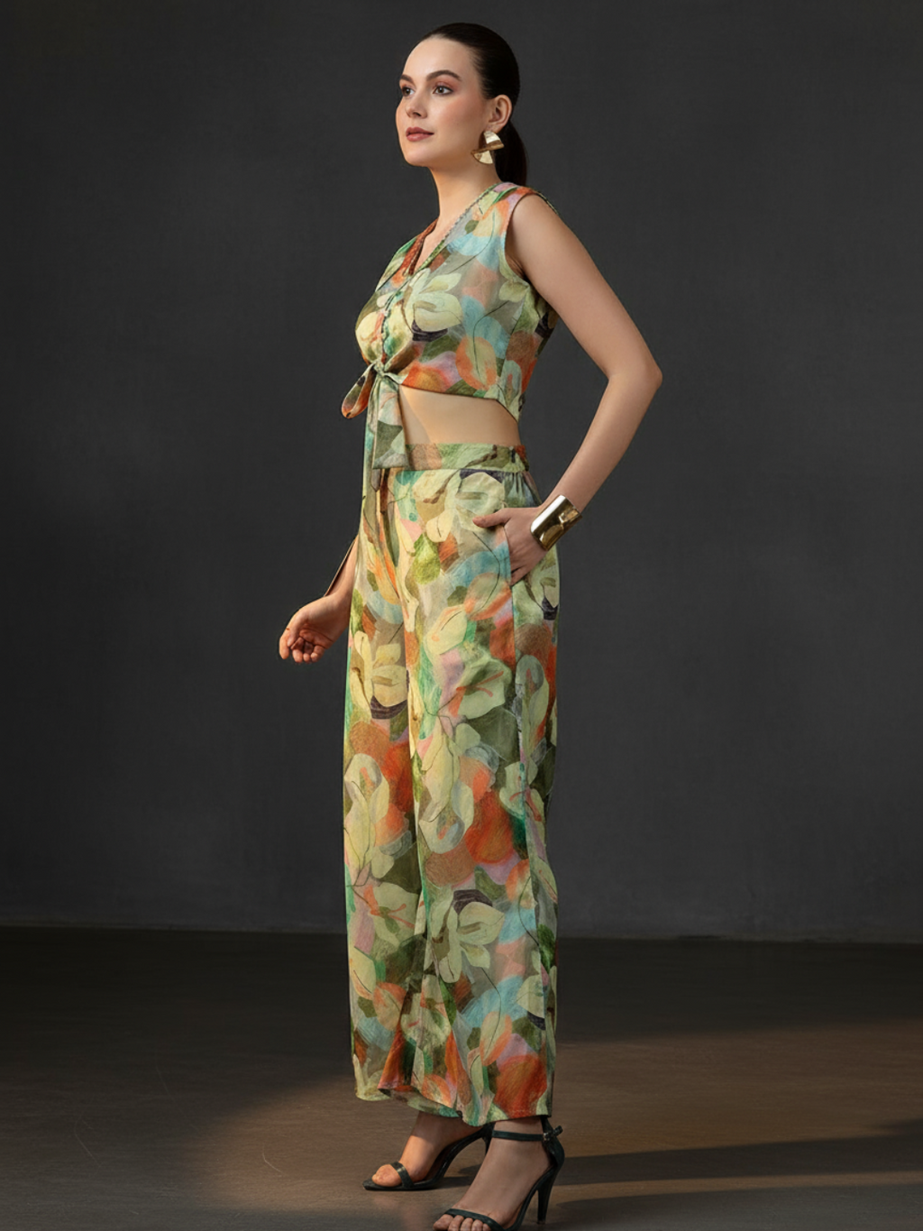 Green Printed Polyester 3 Piece Co-Ords