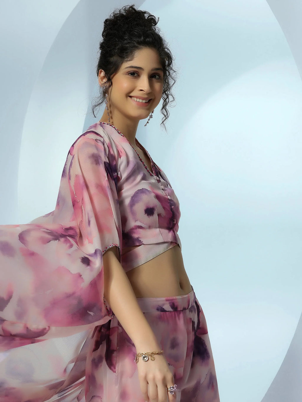 Pink Printed Polyester 3 Piece Co-Ords