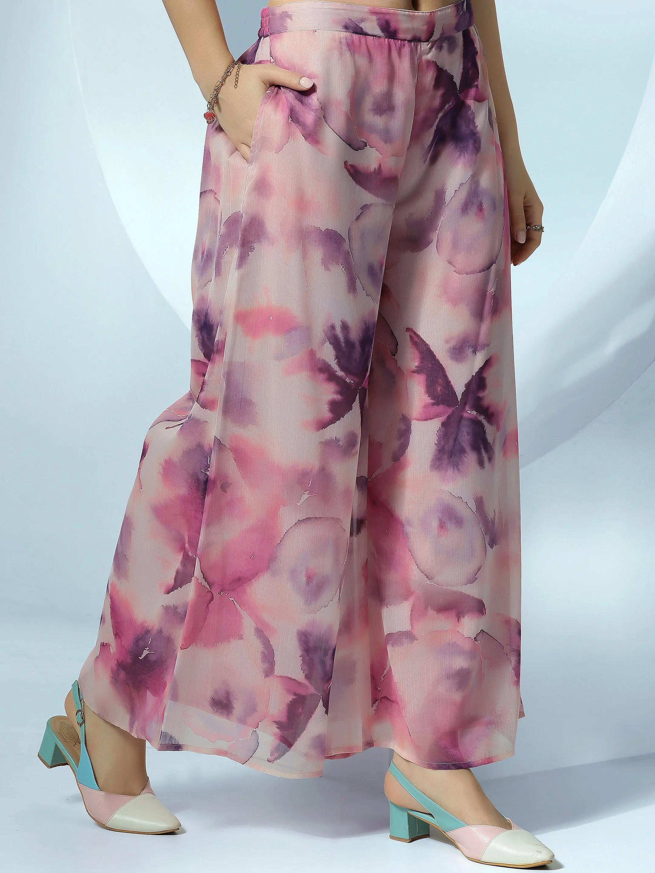 Pink Printed Polyester 3 Piece Co-Ords