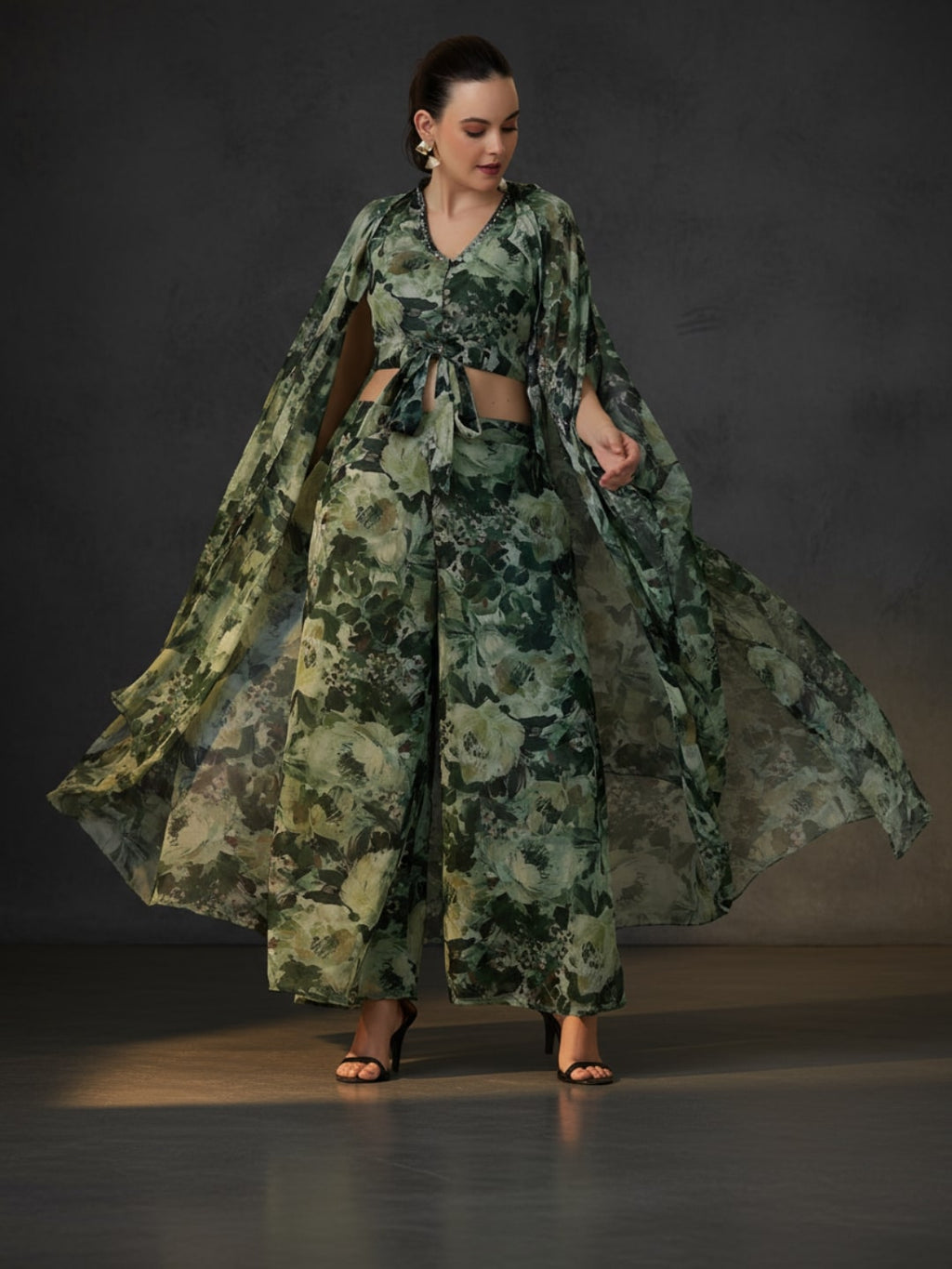 Green Printed Polyester 3 Piece Co-Ords