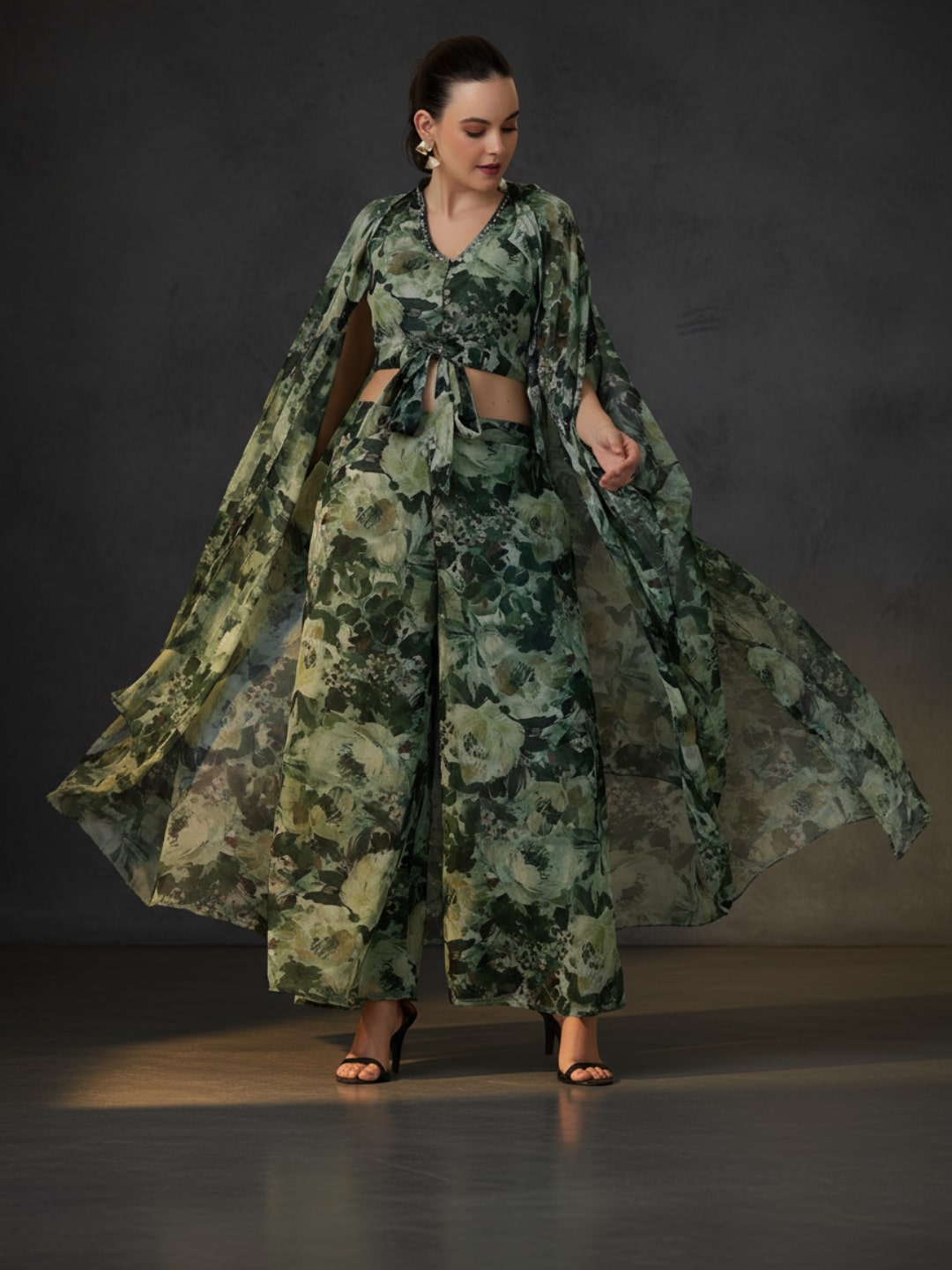 Green Printed Polyester 3 Piece Co-Ords