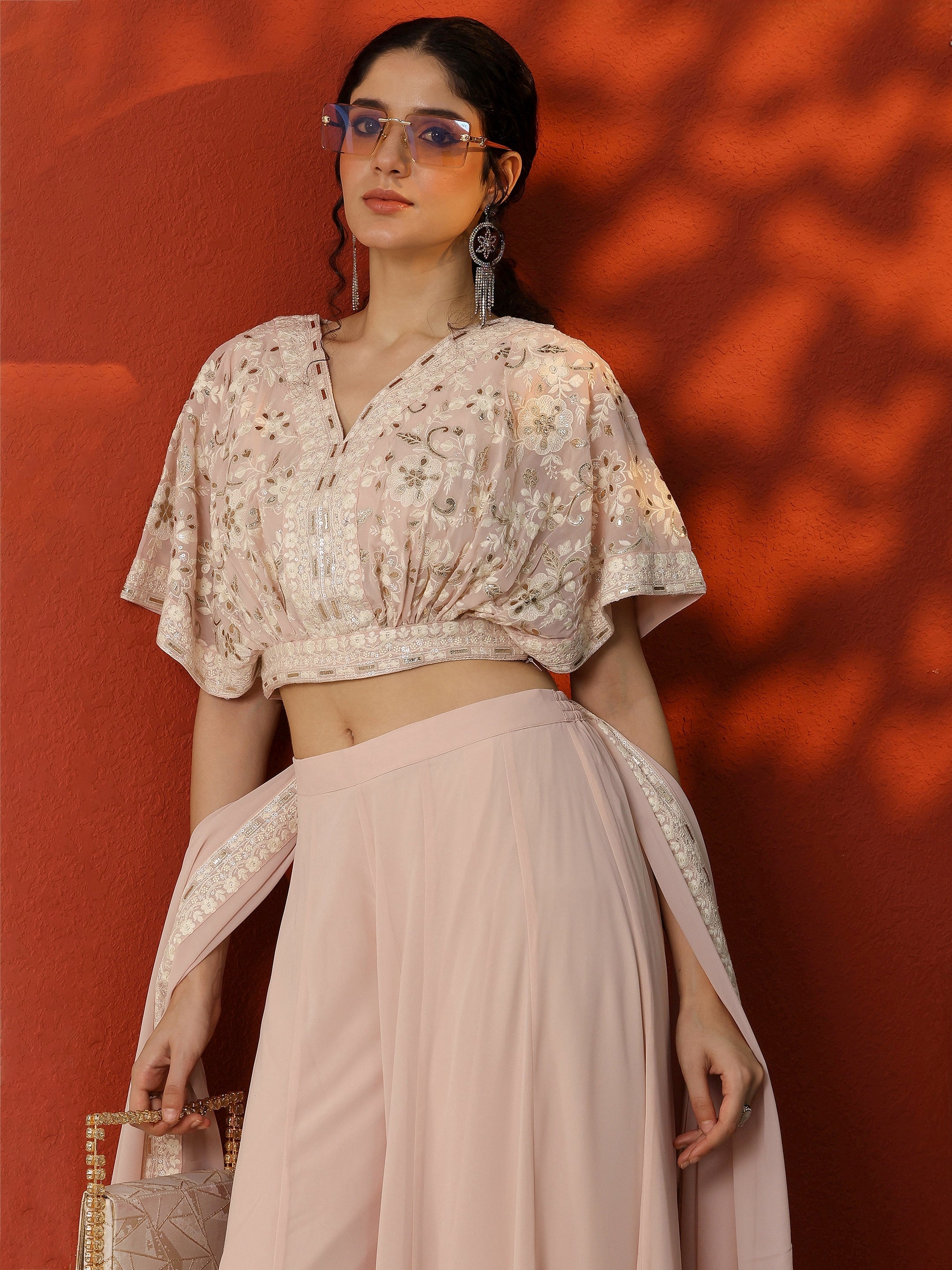 Libas Art Pink Embroidered Georgette 3 Piece Co-Ords