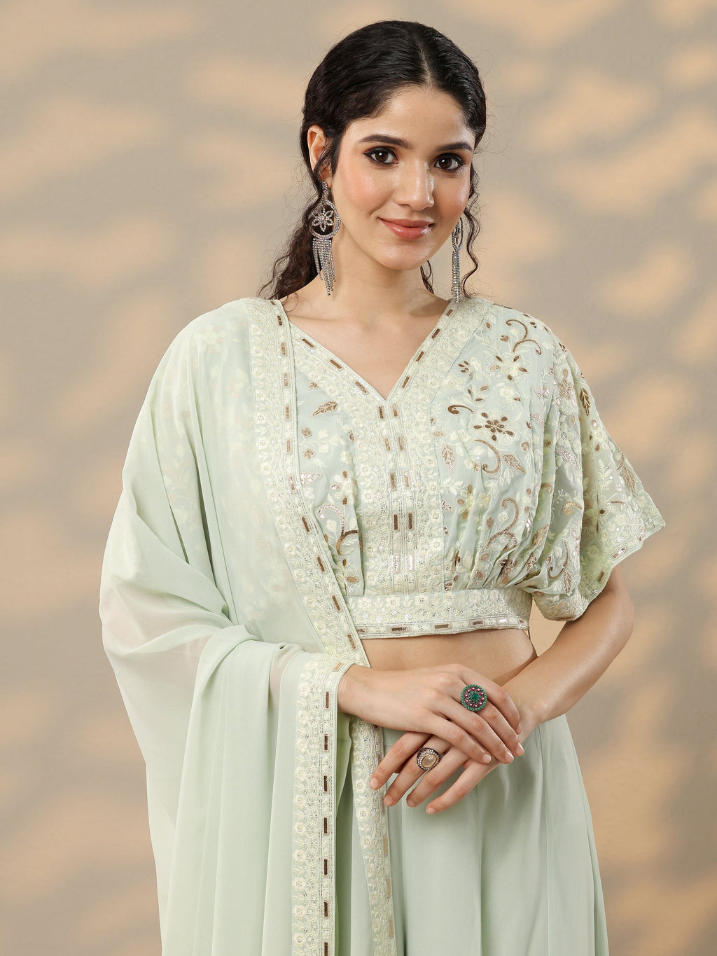 Libas Art Green Embroidered Georgette 3 Piece Co-Ords