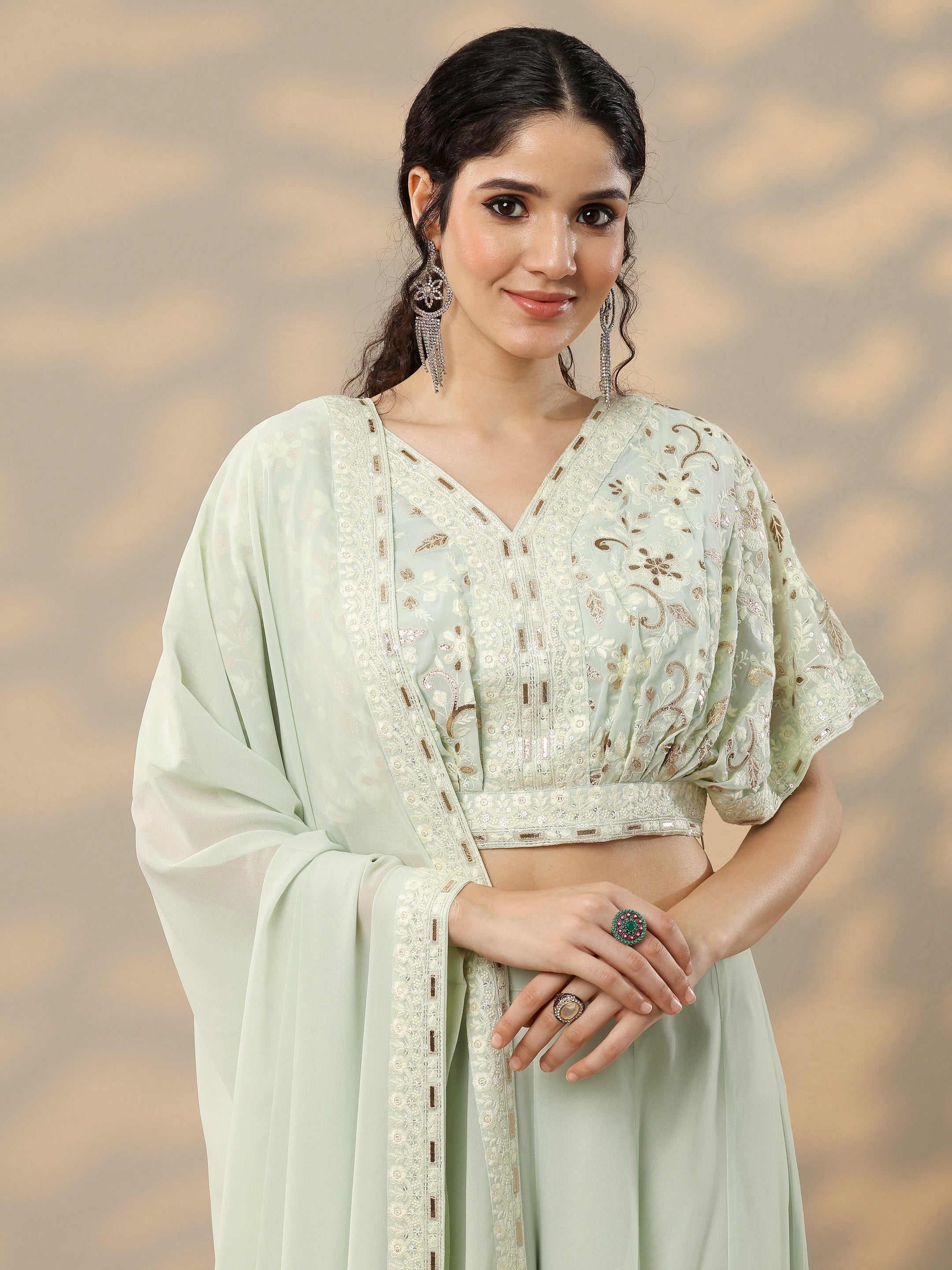 Libas Art Green Embroidered Georgette 3 Piece Co-Ords