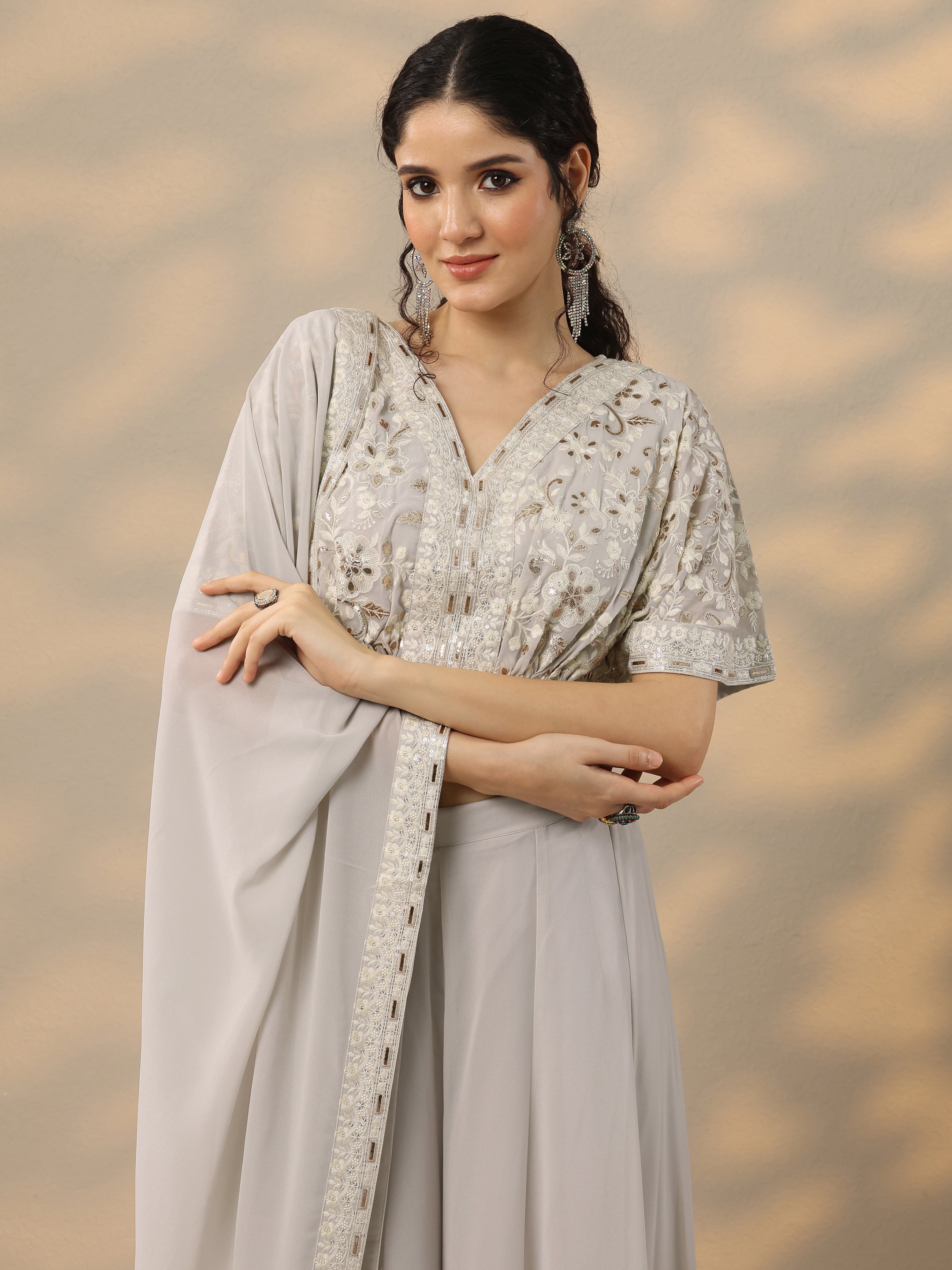 Libas Art Grey Embroidered Georgette 3 Piece Co-Ords
