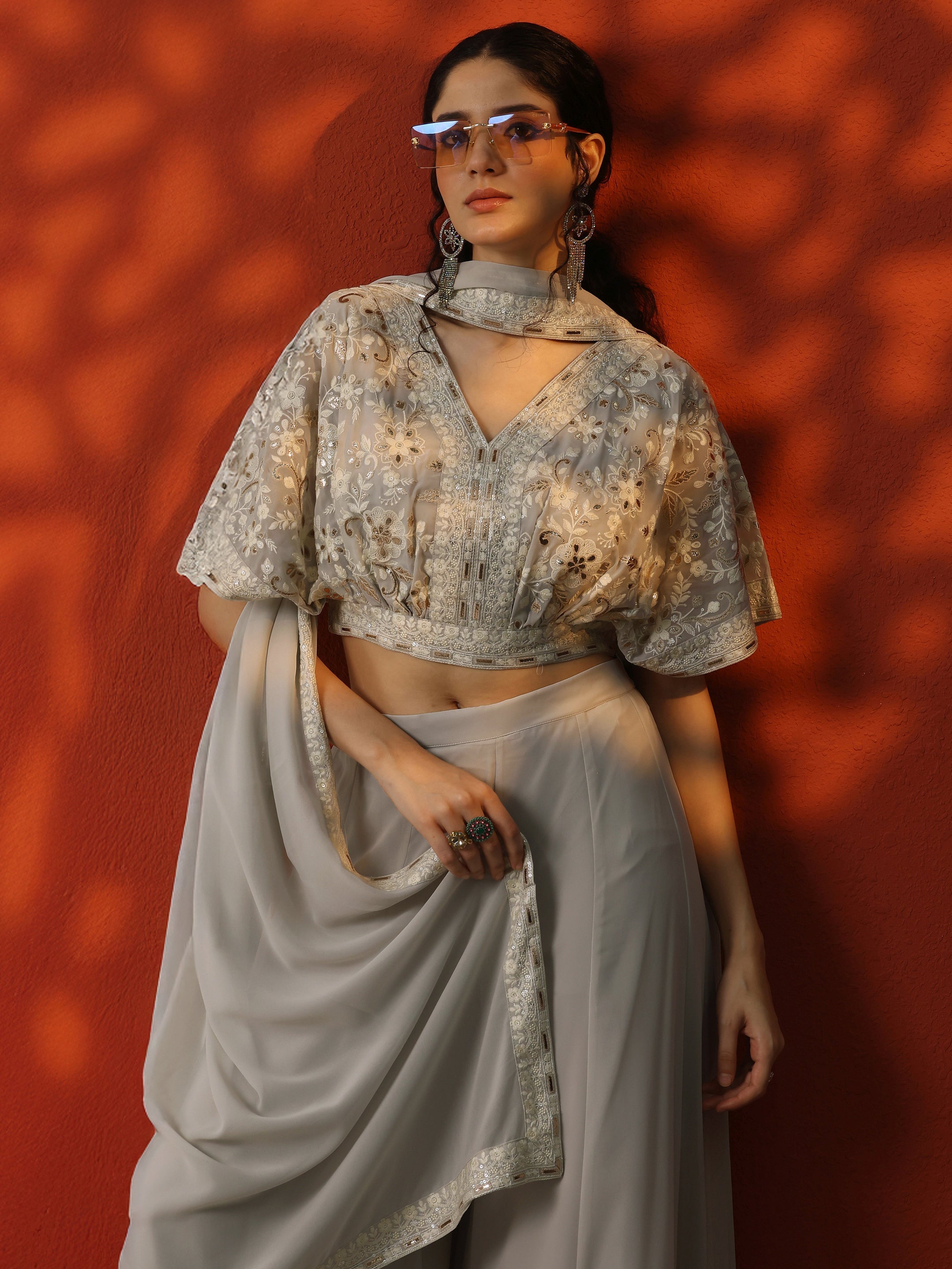 Libas Art Grey Embroidered Georgette 3 Piece Co-Ords