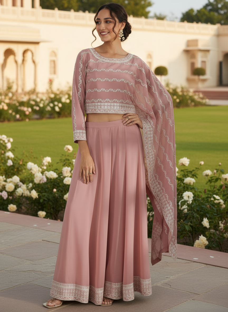 Libas Art Pink Embroidered Georgette Co-Ords