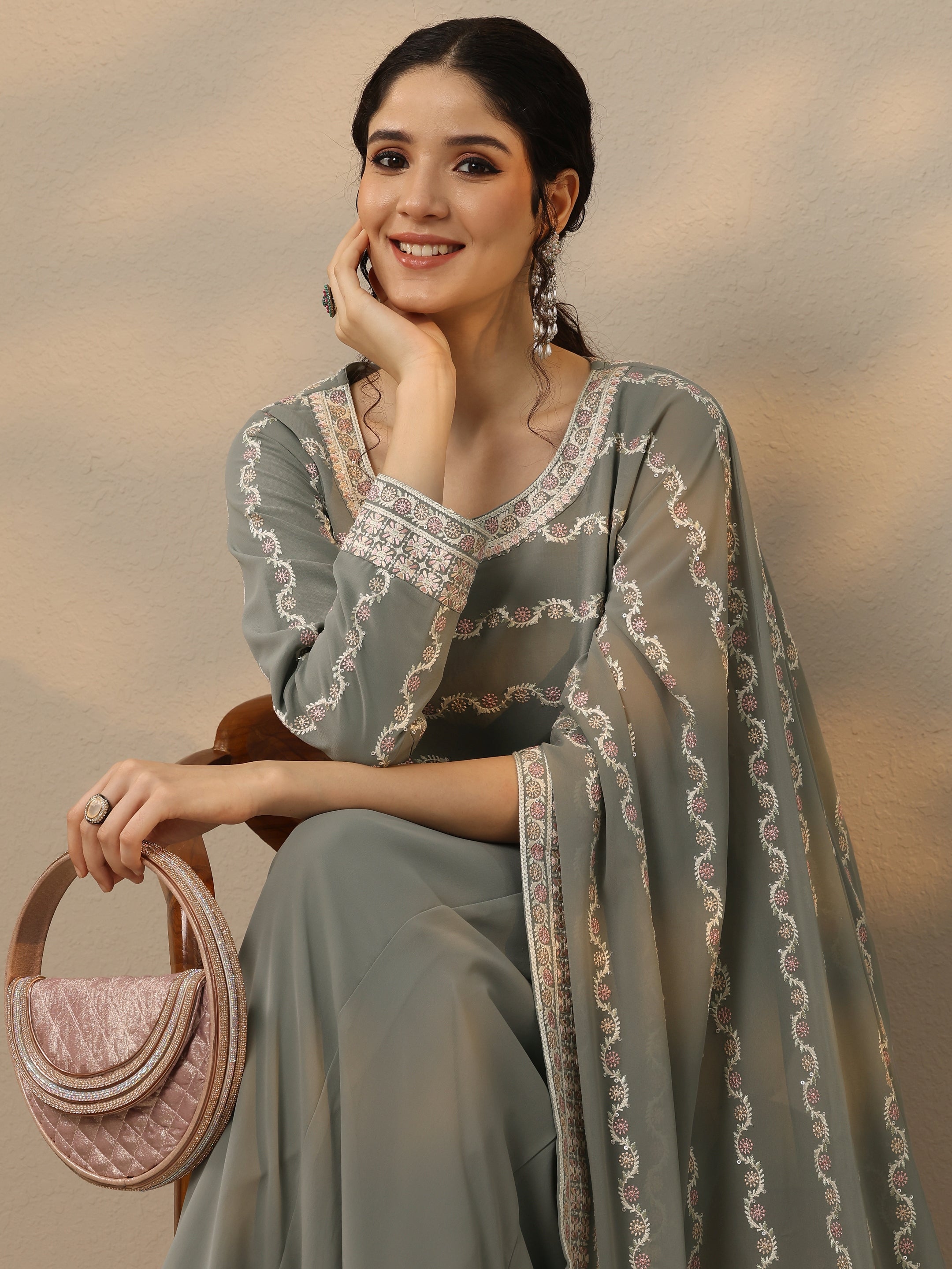 Libas Art Grey Embroidered Georgette Co-Ords