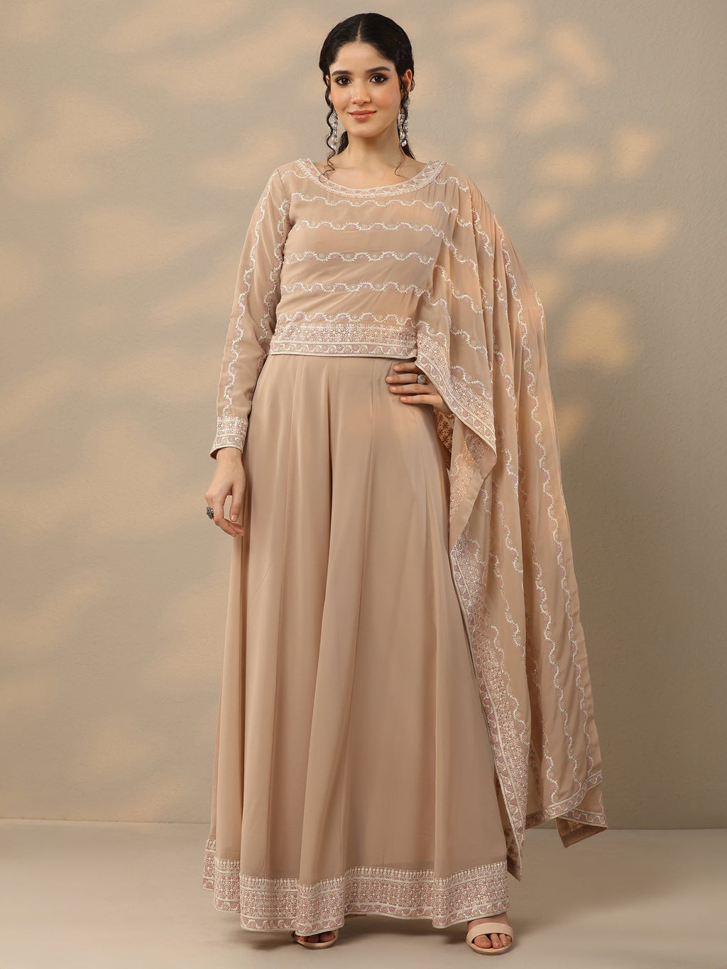 Libas Art Beige Embroidered Georgette Co-Ords