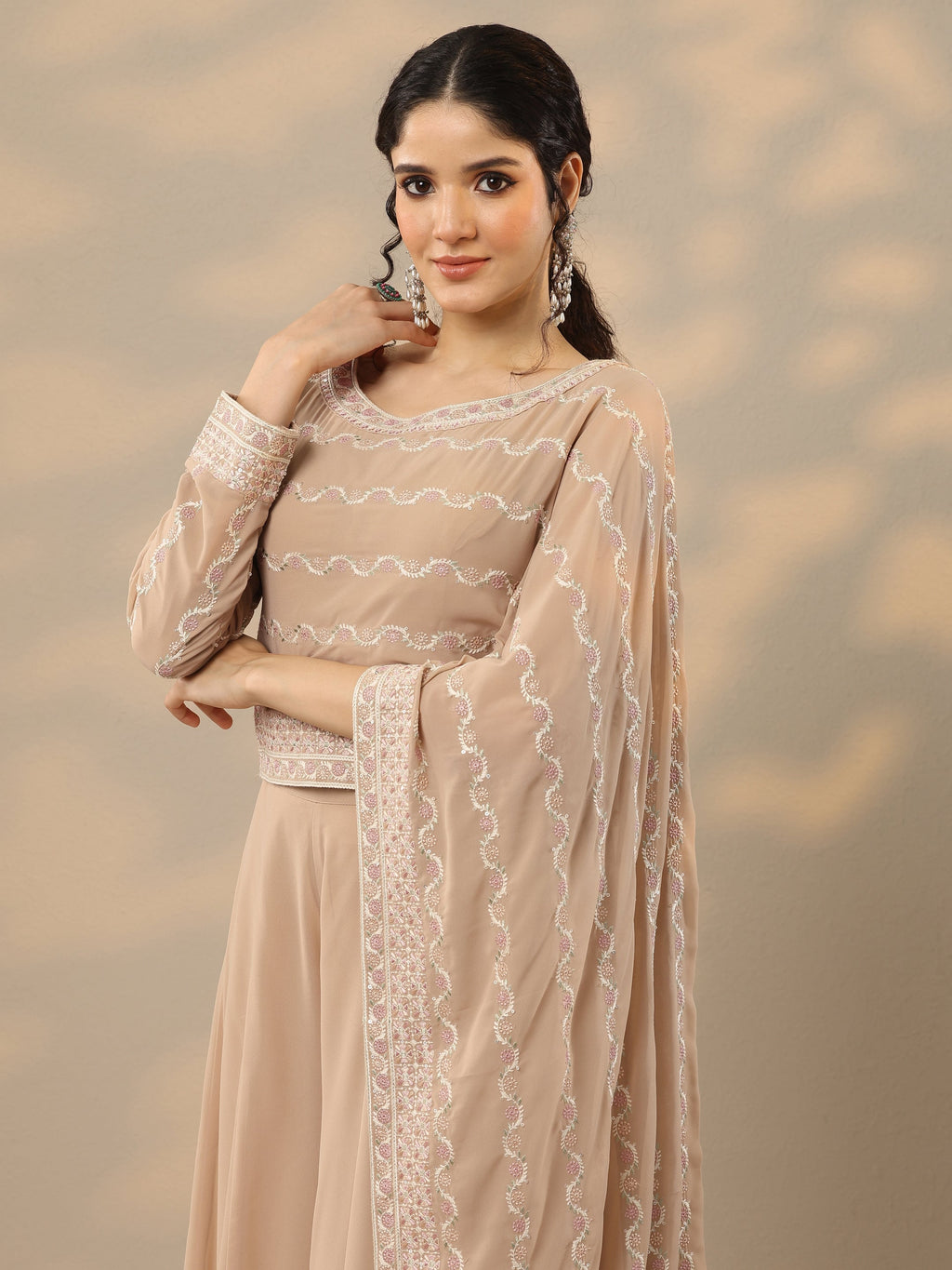 Libas Art Beige Embroidered Georgette Co-Ords