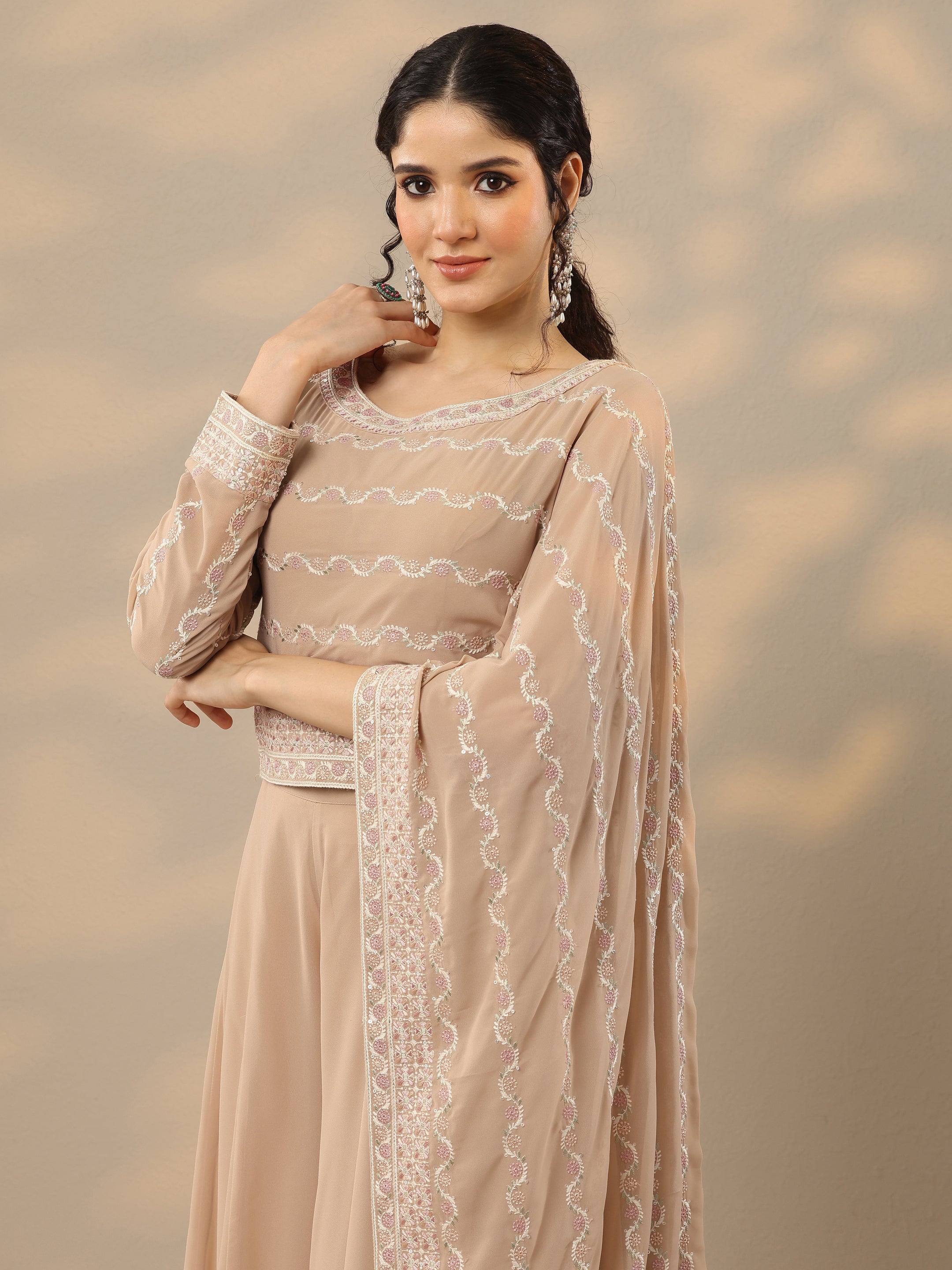 Libas Art Beige Embroidered Georgette Co-Ords