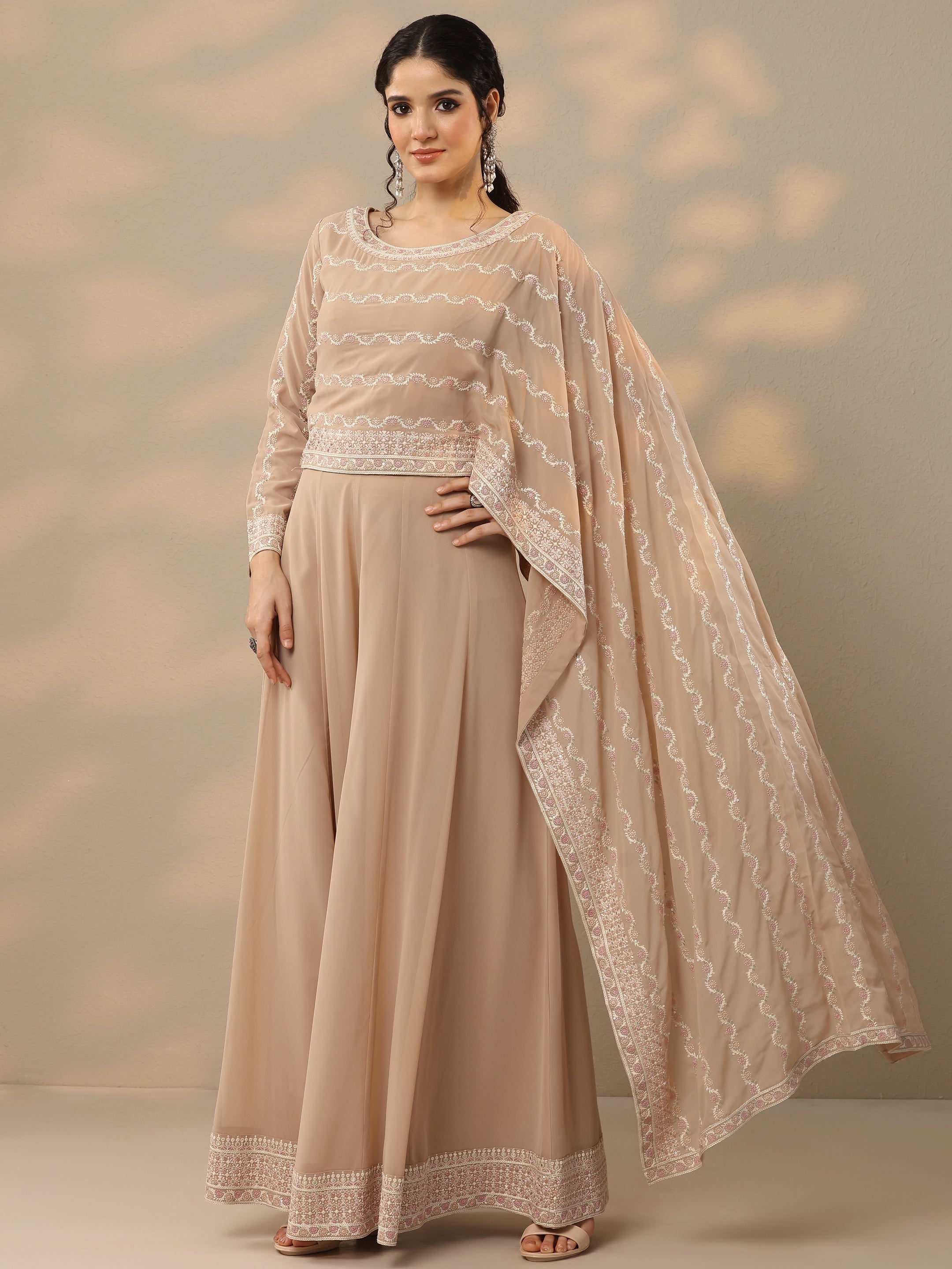 Libas Art Beige Embroidered Georgette Co-Ords