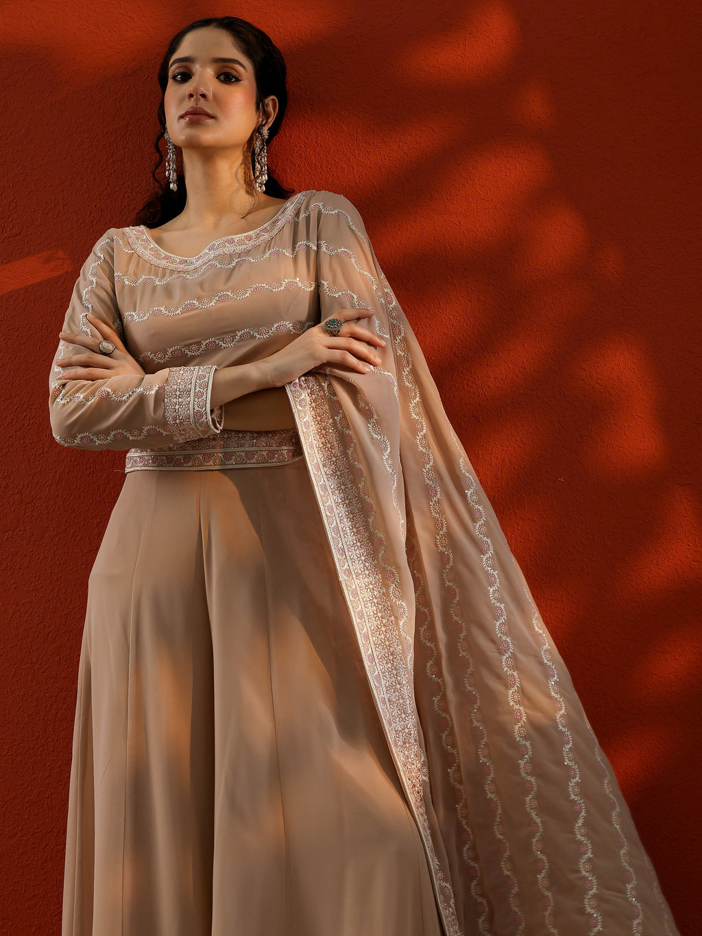 Libas Art Beige Embroidered Georgette Co-Ords