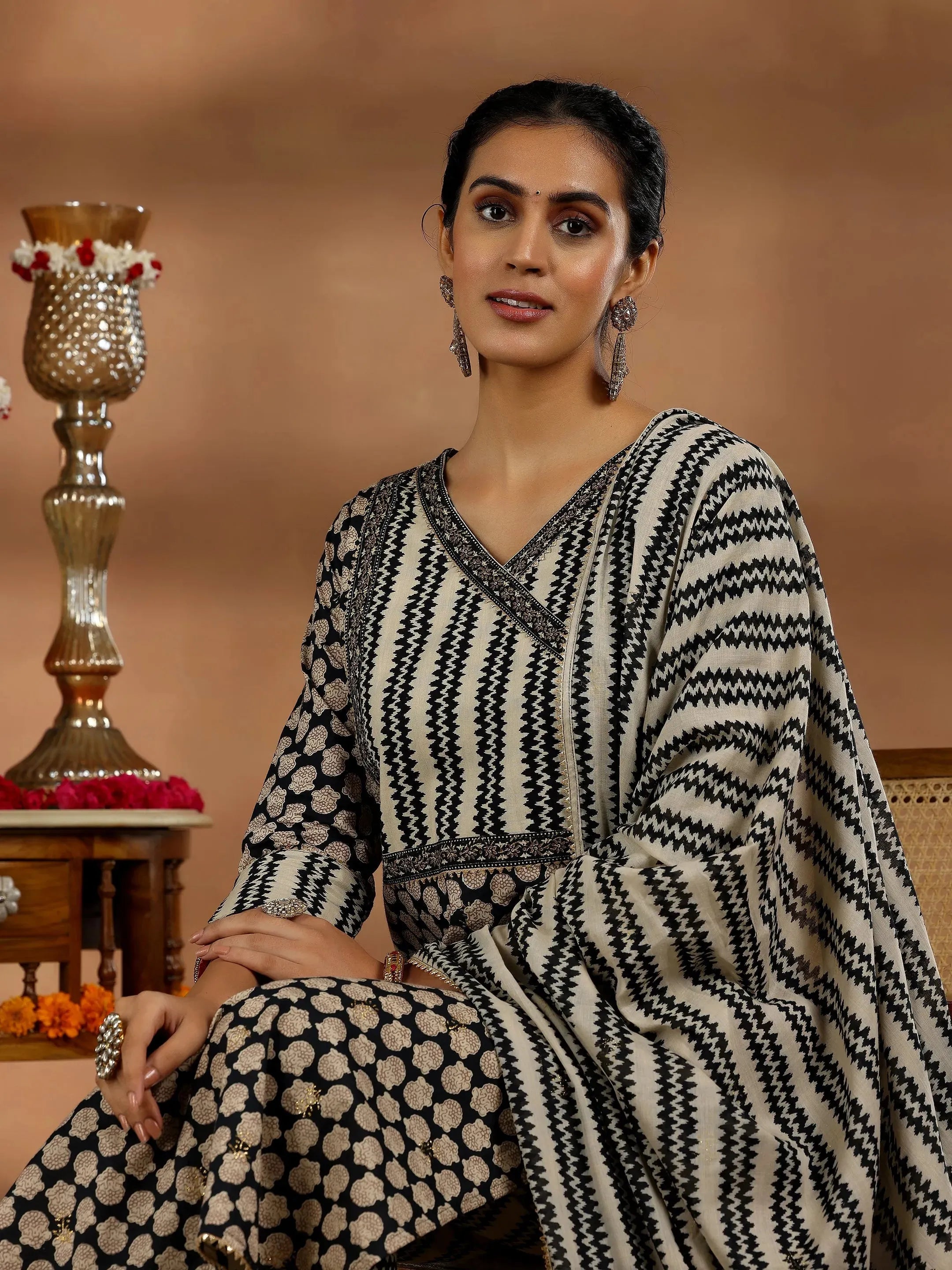 Black Printed Cotton Straight Suit With Dupatta