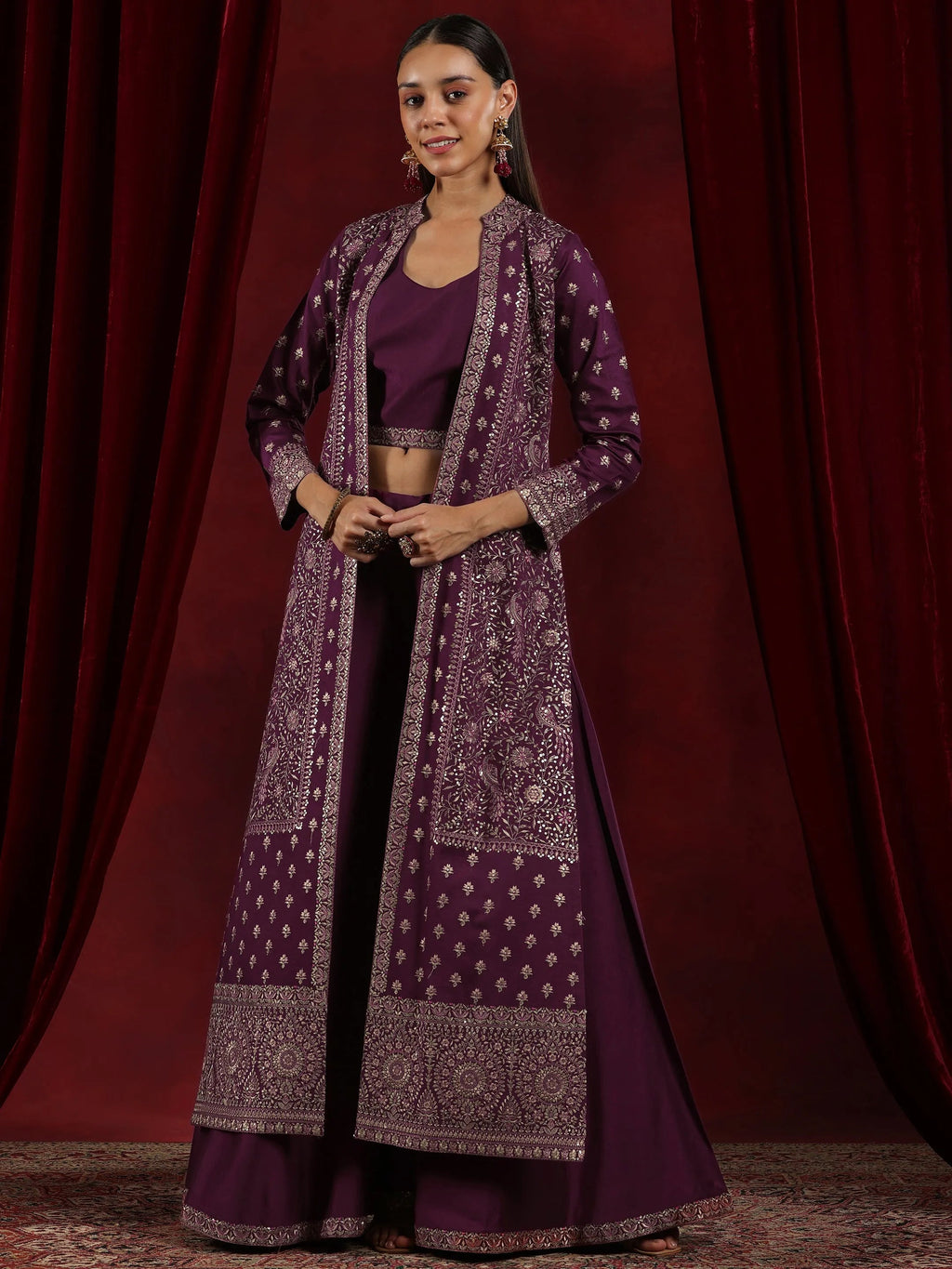 Libas Art Wine Solid Silk Blend Co-Ords With Shrug